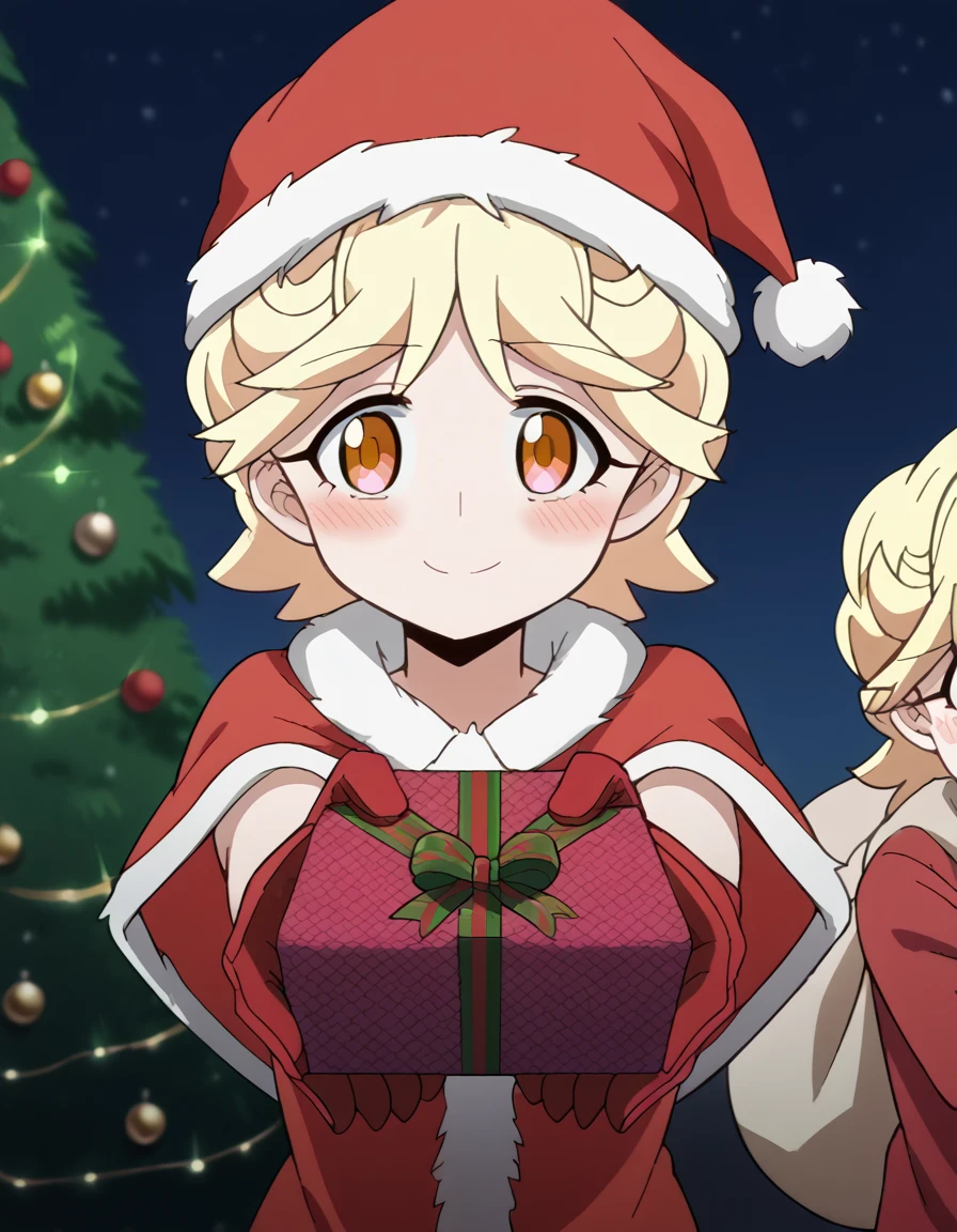 score_9, score_8_up, score_7_up, source_anime, <lora:michiru-inukai-s1-ponyxl-lora-nochekaiser:1>, michiru inukai, short hair, blonde hair, yellow eyes, anime screencap, <lora:santa-costume-ponyxl-lora-nochekaiser:1>, santa costume, santa hat, christmas, sack, merry christmas, gift, fur-trimmed headwear, holding sack, santa dress, fur-trimmed dress, christmas tree, christmas tree, fur trim, red capelet, gift box, red gloves, fur-trimmed capelet, santa gloves, red hat, hat,, smile, blush, looking at viewer, <lora:incoming-gift-ponyxl-lora-nochekaiser:1>, incoming gift, outstretched arms, holding, holding gift, gift, gift box,, , dutch angle, cowboy shot