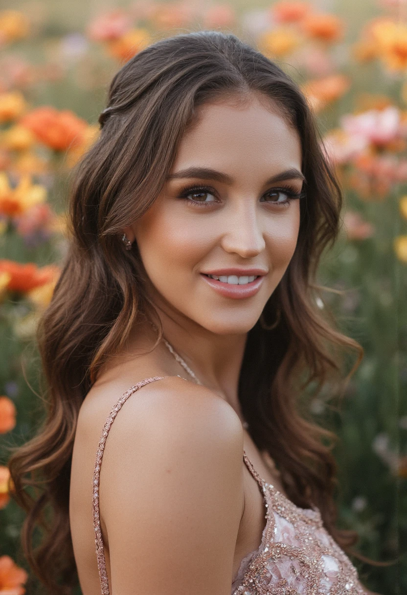 the image is a high-quality professional  close-up photograph of  beautiful  jaclynswedberg She is wearing  prom dress. She is looking directly at the viewer and smiling. The background is field of flowers. This photo is a headshot. Shot with small amount of film grain