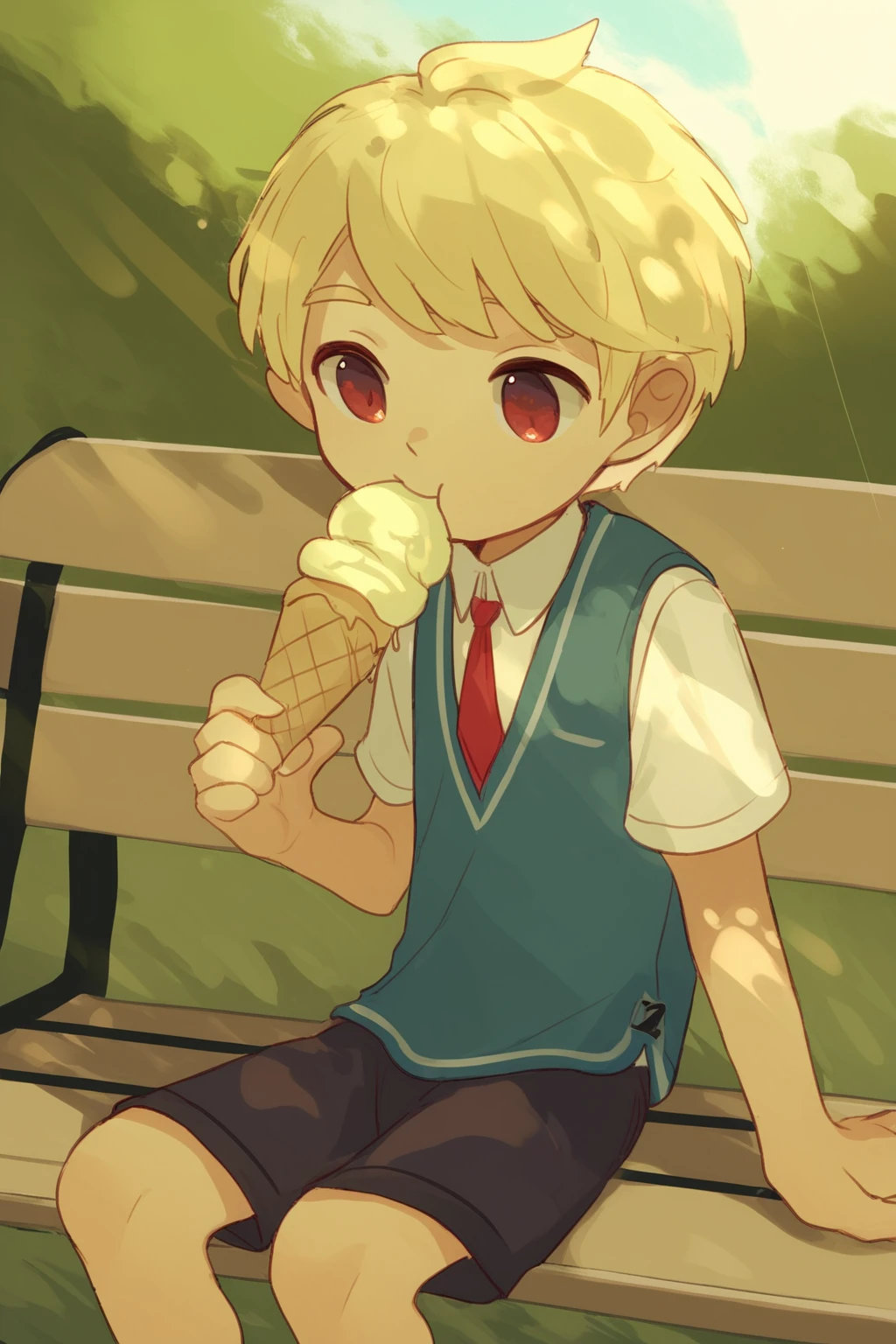 score_9, score_8_up, score_7_up, suikaelsiStyle, 1boy,  bench, blonde hair, brown eyes, solo, child, collared shirt,  dappled sunlight,  eating, food, ice cream, ice cream cone,  necktie, outdoors, park bench, red eyes, shirt, short sleeves, shorts, sitting, sunlight, vest, white shirt, wing collar