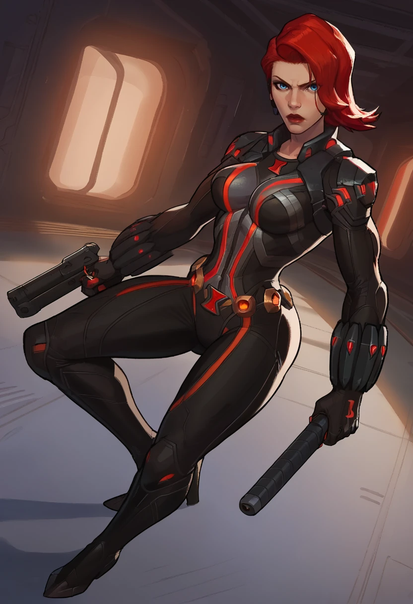 score_9, score_8_up, score_7_up, score_6_up, expressiveh, blackwidow_rivals, 1girl, solo, full body, red hair, asymmetrical hair, headset microphone, eyeliner, blue eyes, red lips, bodysuit, black bodysuit, gloves, black gloves, forearm guns, high heels, black clothes, high heels, red details, red glow, baton_(weapon), holding baton, looking at viewer, closed mouth, godrays, dynamic light, dramatic light, space station background, technologic background, detailed background, indoors, dynamic angle, dynamic pose, shield helicarrier, adult woman, elegant, breasts, action pose, dynamic, action scene, dutch angle, masterpiece, best quality, fierce expression, dutch angle, <lora:Smooth Style 2 SDXL_LoRA_Pony Diffusion V6 XL:0.3> <lora:incase-ilff-v3-4:0.8> <lora:AsuraLycoXL:0.4> <lora:Black_Widow_Marvel_Rivals_-_PonyXL:0.6>