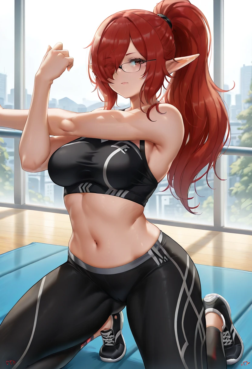 1girl, solo, (Mature Elf Female: 1.3), (Long Red Hair Over One Eye in ponytail: 1.5), (glasses: 1.3), (Thicc Thighs: 1.3), (Thicc Calves: 1.3), (Big Ass: 0.8), (Slightly Plump: 1.2), tall, Curvy, (Medium breasts: 1.3), (Black sports bra: 1.3), (Black Yoga Pants: 1.3), (Black Sneakers: 1.3),  (Kneeling, legs spread, stretching, on a yoga mat in a gym: 1.3), (View From front: 1.7), cowboy Shot: 1.3, Eyes Half Open: 1.3, Looking at viewer, Soft Lighting, masterpiece, best quality, (absurdres), very aesthetic, extremely detailed, ray tracing, RTX, high saturation, high contrast, photon mapping, (sharp image), (best quality), (detailed background), (intricate details)  <lora:StS-Illustrious-Detail-Slider-v1.0:3> <lora:Earthbound_-_CYI_Artist_Style_Pony_SDXL_IllustriousXL:1>