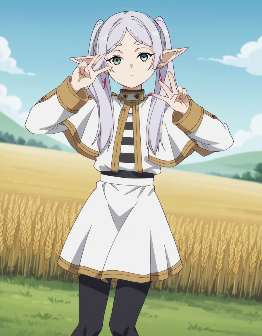 score_9, score_8_up, score_7_up, source_anime, <lora:frieren-s1-ponyxl-lora-nochekaiser:1>, frieren, long hair, twintails, green eyes, grey hair, pointy ears, elf, small breasts, anime screencap, shirt, long sleeves, jewelry, pantyhose, earrings, striped, black pantyhose, capelet, striped shirt, skirt, white skirt,, wheat field, golden, harvest, farming, open, , v, v over eyes,, looking at viewer, solo,, dutch angle, cowboy shot