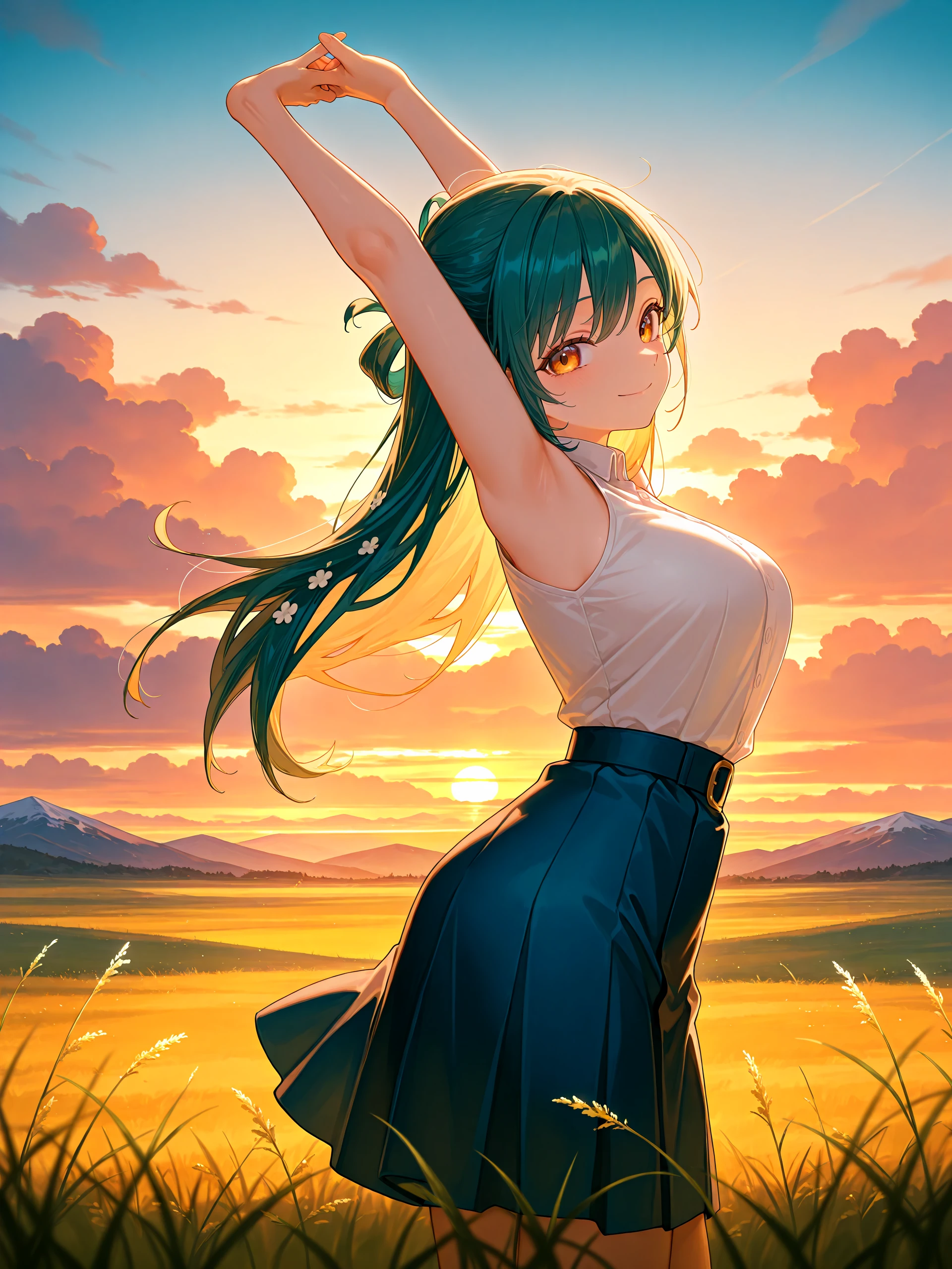 1girl, <lora:himari40:1>, himaazuma, sleeveless white shirt, blue skirt, looking at viewer, stretching, side view, slight smile, cute smile,
sunny, grassland, weeds, fauna, sunset, clouds, mountains in horizon,
high resolution, ultra-detailed, absurdres, masterpiece, best quality, good quality, newest