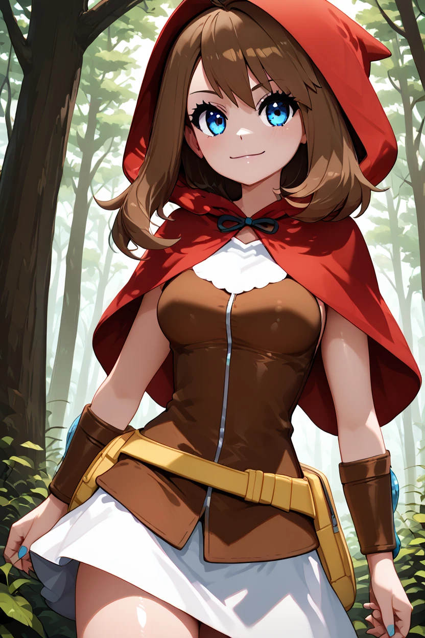 score_9, score_8_up, score_8, medium breasts, (curvy), cute, eyelashes,      ,,,  zzRedMayCitron, blue eyes, brown hair, long hair, medium hair, skirt, hood, hood up, outdoors, white skirt, red hood,  <lora:LittleRedMayPDXL:1.0>,  BREAK, smile, closed mouth, looking at viewer, cowboy shot,  ,,, embedding:zPDXL, Expressiveh, ,,, <lora:MantisStyle_PDXL_v2:0.8>, <lora:SDXLFaeTastic2400:0.5>, <lora:Expressive_H-000001:0.4>,