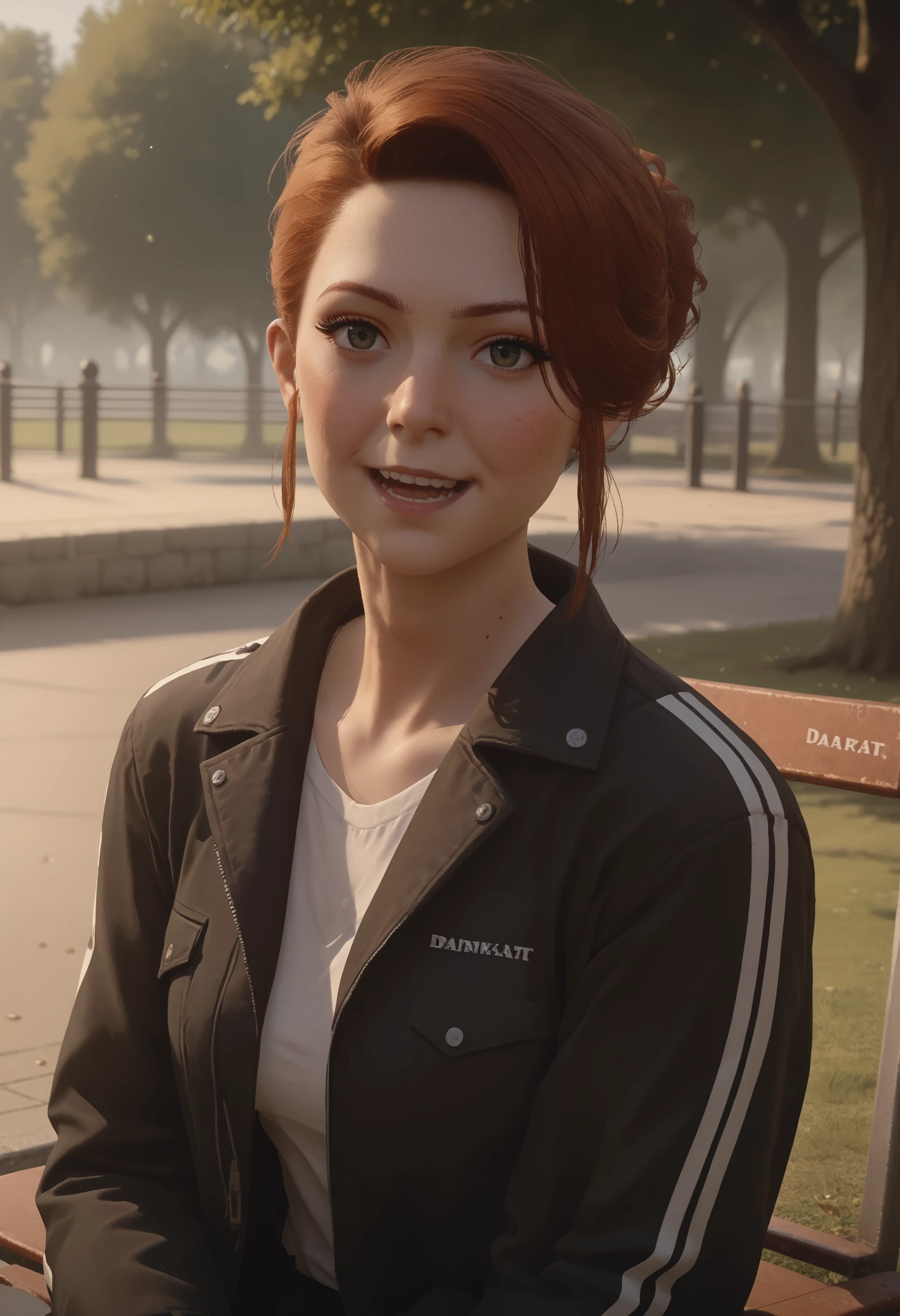 score_9, score_8_up, score_7_up, score_6_up, score_5_up, score_4_up, 1girl, <lora:DianaBurnwoodF:0.85> dianaf, red hair, hair bun, single hair bun, upper body, breasts, open smile, blush, wearing jacket, white jacketlooking at viewer, solo, sitting, 
outdoors, park,