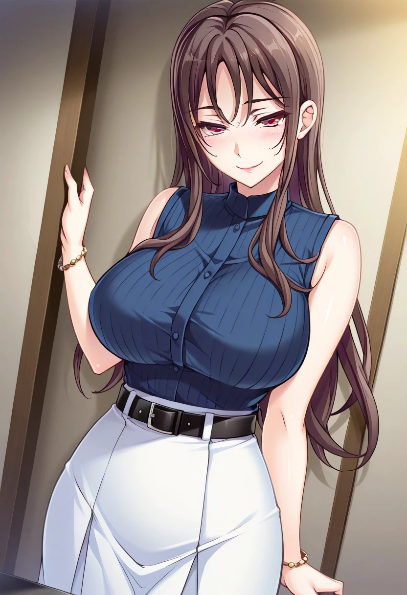 masterpiece, best quality, newest, highres, uncensored, 1girl, yokota mamoru style,1girl, slender face，motion lines,torogao,looking at the viewer,seductive smile,blush
1girl, skirt, long hair, solo, white skirt, brown hair, shirt, sleeveless, bracelet, sleeveless shirt, jewelry, very long hair, belt, breasts, holding, large breasts, red eyes, dutch angle, blue shirt, standing，Hanabishi Yurina,Brown Hair, Hair Parted in Middle, Sidehair, Waist Length Hair,Long Hair,Garnet Eyes,Big Breasts, Slim