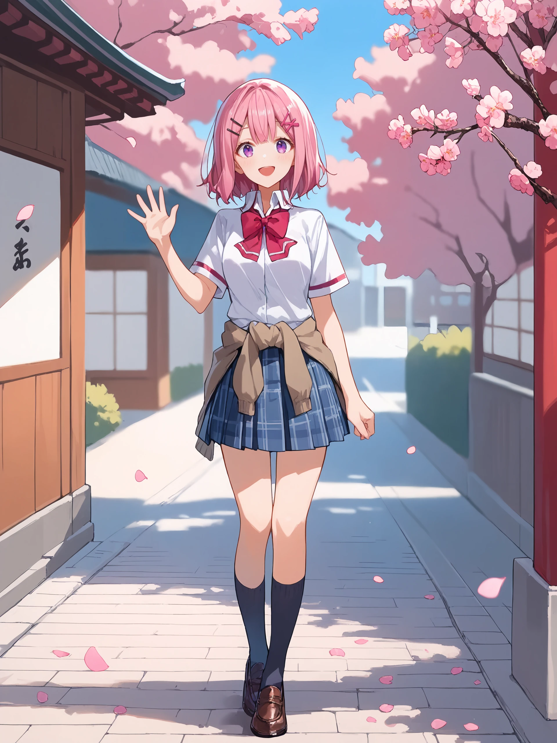 1girl, amaori renako, solo, purple eyes, hairclip, school uniform, pleated skirt, plaid skirt, white collared shirt, red bowtie, clothes around waist, loafers, black kneehighs, waving, looking at viewer, smile, open mouth, standing, full body, outdoors, street, cherry blossoms, petals, depth of field score_9, score_8_up, score_7_up, source_anime <lora:Char-Amaori_Renako-V1-pony:0.9>