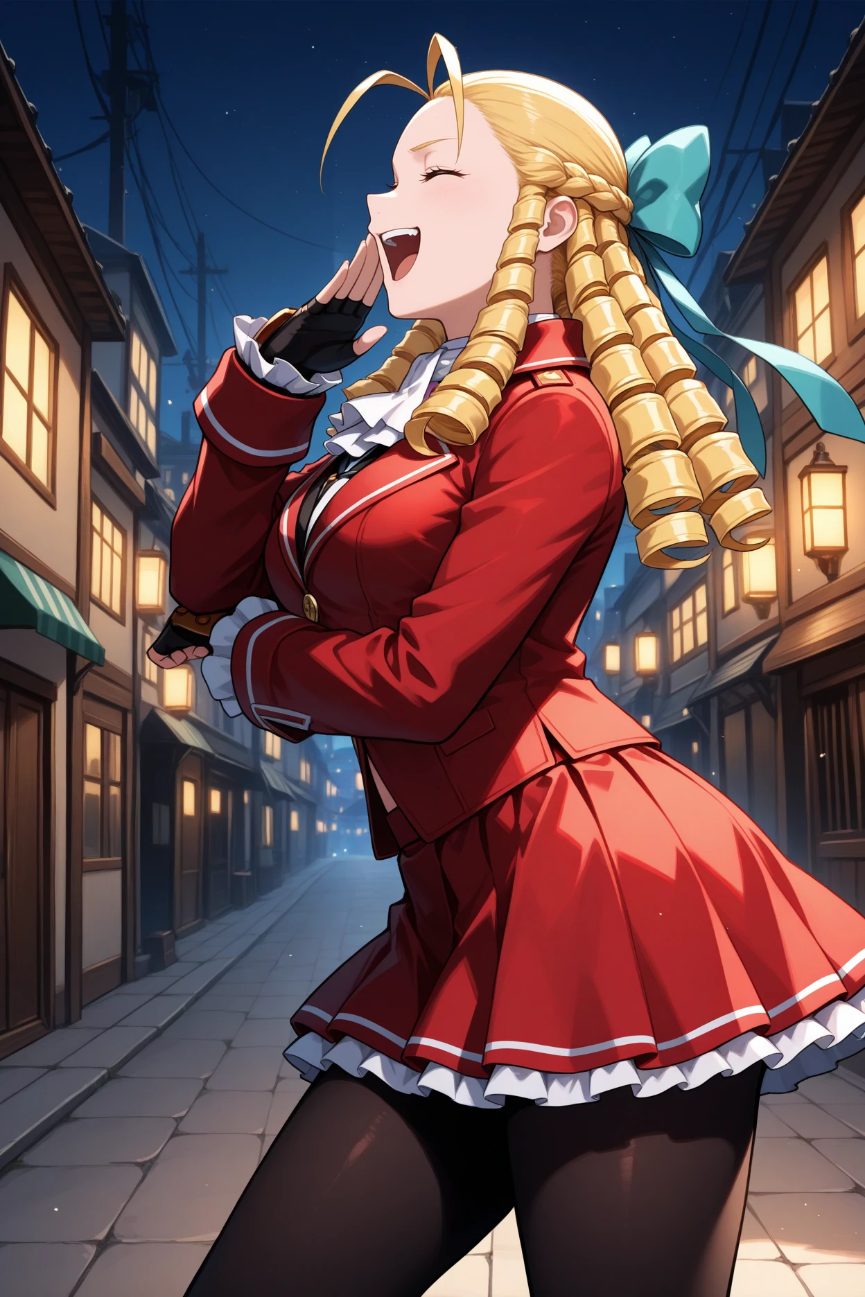 masterpiece, best quality, 1girl, solo, <lora:kanzukikarin-illu-nvwls-v1-000005:1> sfkrn, blonde hair, ringlets, hair pulled back, antenna hair, hair bow, aqua bow, red jacket, white ascot, red skirt, frilled skirt, fingerless gloves, black pantyhose, closed eyes, laughing, open mouth, hand up, ojou-sama pose, from side, night, alleyway, city