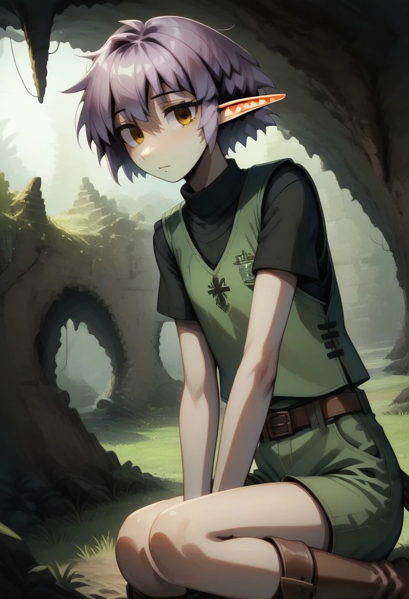 Parnea, 1 person, solo, pointy ears, short hair, hazel eyes, lilac hair, green vest, black undershirt, turtleneck collar, green shorts, brown belt, brown boots,,
organic cavern background,
Medieval style, Dutch angle,
Smooth colors, clean lines, high quality, best quality, masterpiece, score: 9, score: 8 up, rating: safe, source: semi-realistic,