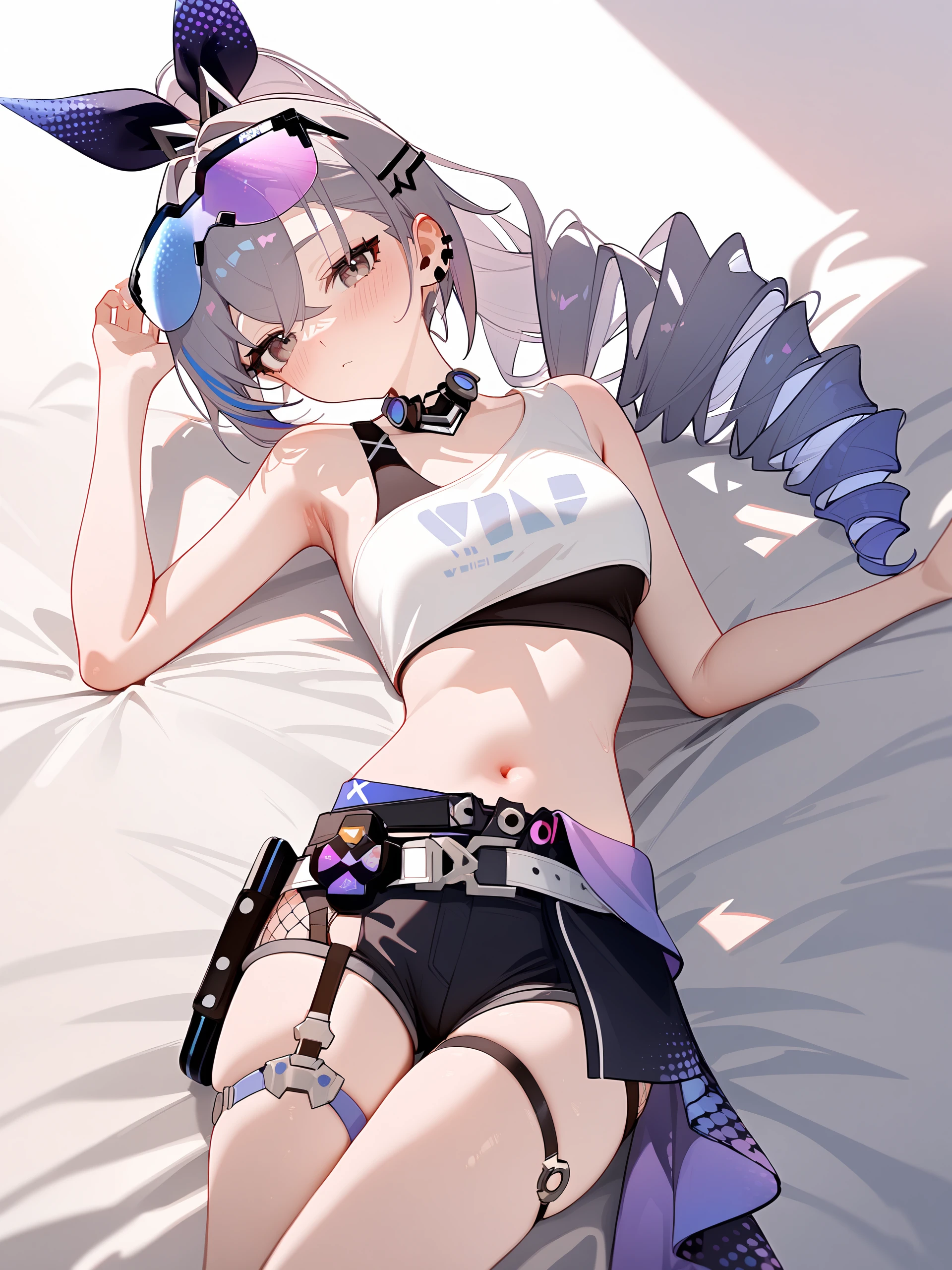 1girl, silver wolf \(honkai: star rail\), black shorts, eyewear on head, sunglasses, thigh strap, hair ribbon, hairclip, crop top, choker, bare shoulders, off shoulder, bare arms, drill ponytail, lying, cowboy shot,  bed sheet, shy, blush, looking at viewer, frown <lora:Char-HonkaiSR-SilverWolf-V4-SDXL:0.9:hrunet=0.7>, illustration, incredibly absurdres, ultra detailed, masterpiece, best quality, perfect features, intricate details, ray tracing, very aesthetic, newest, <lora:XL-detailed_notrigger:0.95:hrunet=0.5>, <lora:XL-aesthetic_anime:1:hrunet=0.5>,<lora:XL-NAI3:0.7>