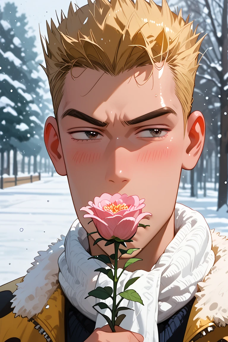 score_9, score_8_up, score_7_up, source_anime, rating_questionable, realistic shading, natural lighting, male focus, looking away, expressive face, yasuocsc, blonde_yasuocsc_male hair, black_yasuocsc_eyes, covered mouth, 1boy, holding pink flower bouquet, shy, blush, shiny skin, winter clothes, white scarf, jacket, snowing, snow, winter theme, breath, outdoors, tree, romantic, intricately detailed illustration, depth of field, atmospheric perspective, masterpiece, best quality, amazing quality, very aesthetic, absurdres, newest,, anime screencap