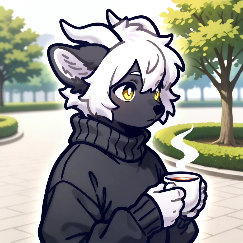 (2024, very aesthetic, newest, best quality, masterpiece,),
black fur, furry, dragon, black sweater, yellow eyes, white horns, white hair, park, park background, 1boy, solo, male, holding tea, mikus-fir, upper body