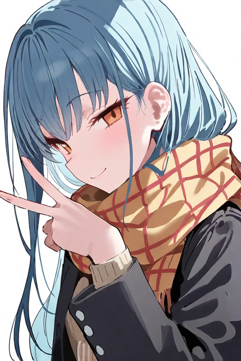 masterpiece, best quality, very aesthetic, absurdres, 1girl, solo, long hair, looking at viewer, smile, bangs, simple background, long sleeves, white background, closed mouth, blue hair, jacket, upper body, scarf, black jacket, orange eyes, plaid, v, plaid scarf, enpera