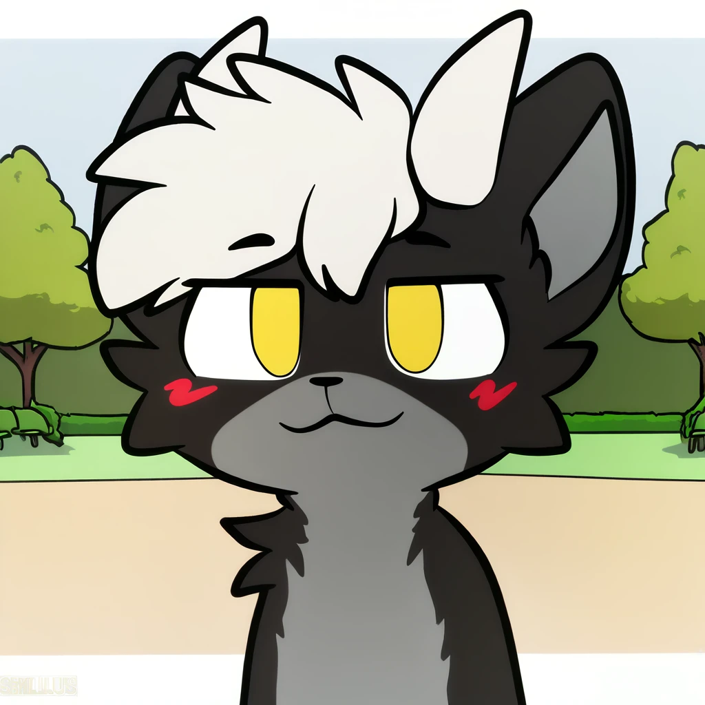 (masterpiece, best quality, absurdres),
mikus-concept, looking at viewer, :3, blush, furry, dragon, black fur, white hair, white horns, yellow eyes, park, park background, 1boy, solo, upper body, male, boy