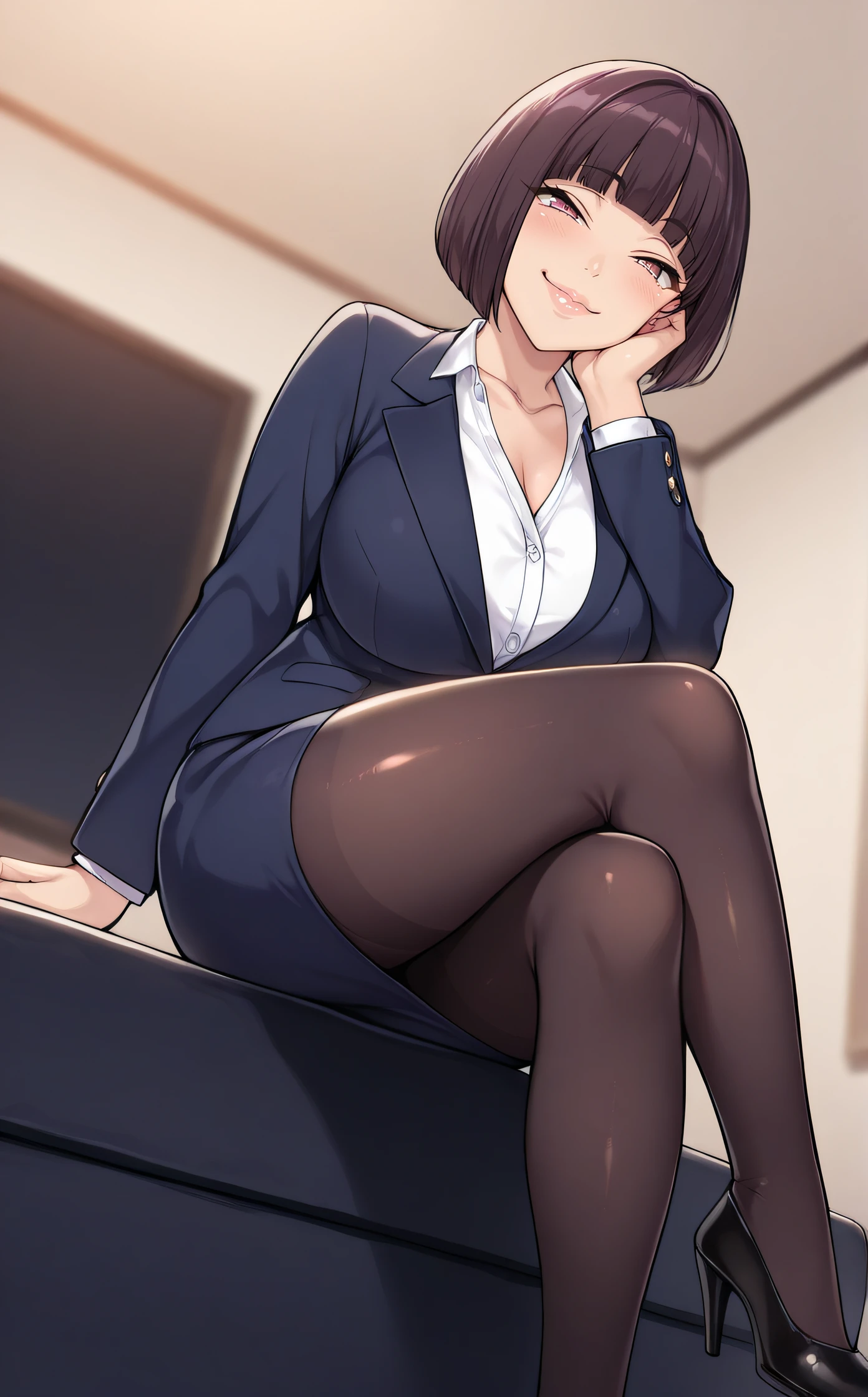 masterpiece, best quality, highres, newest, scenary, 1girl, solo, official style, <lora:IL_Itsuki_Shima:1>, itsukishima, pink eyes, large breasts, collarbone, detailed lips, blue blazer, blue pencil skirt, black pantyhose, smile, indoor, looking at viewer, naughty face, fist on own cheek, full body, crossed legs, black heels, from below, blush