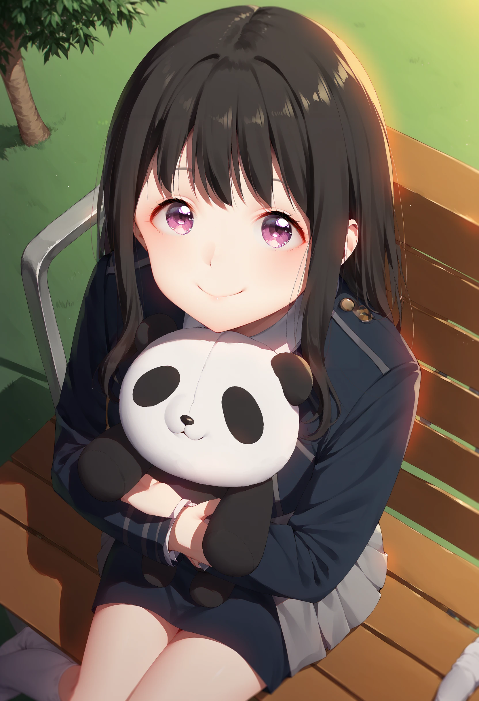 score_9, score_8_up, score_7_up, 1girl, solo, inouetakina, purple eyes, lycoris uniform, dress, collared shirt, long sleeves, skirt, socks, sitting, looking up, from above, close mouth, smile, bench, park, hugging, panda, stuffed panda <lora:hugging_panda:1>  <lora:InoueTakinaPony:1>