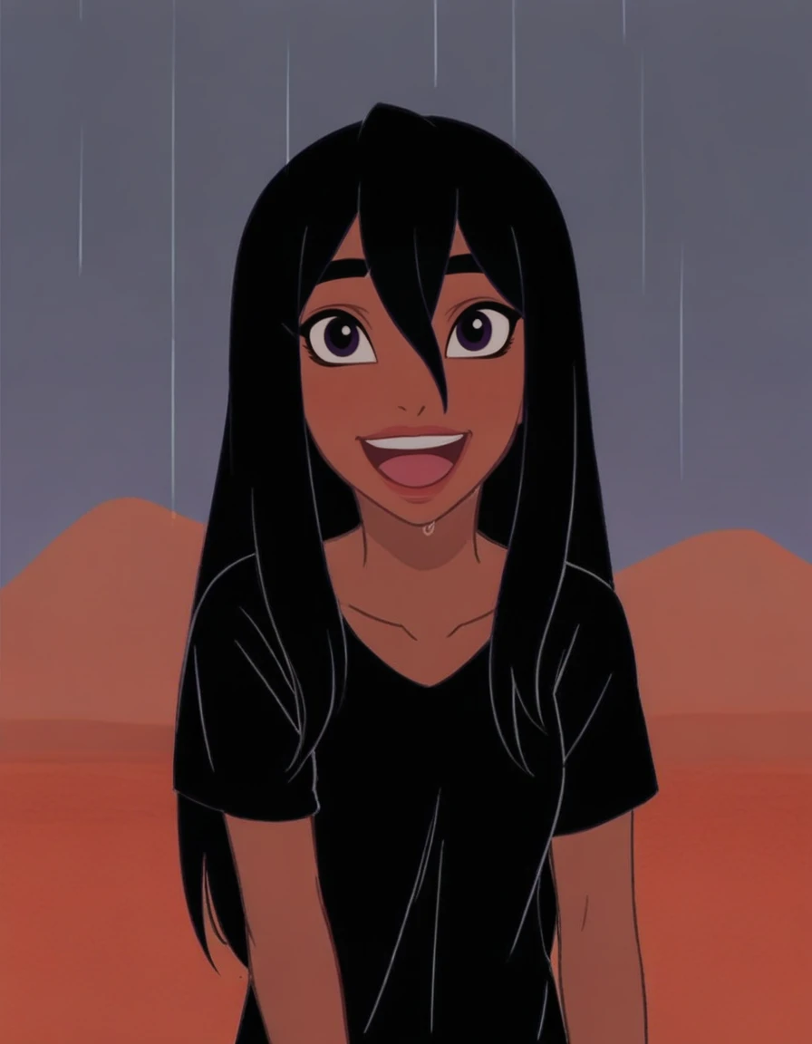 princess-jasmine, rainstorm, laughing, wet hair, loose hair, black t-shirt, soaked clothing, desert setting, rain in sky   <lora:jasmine-fixed-64:1.2>