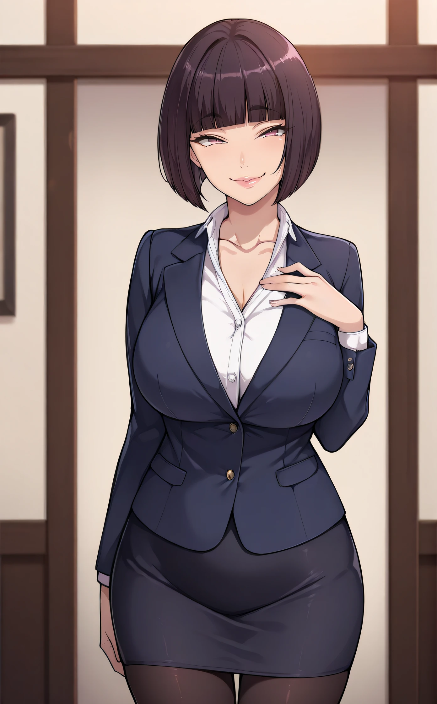 masterpiece, best quality, highres, newest, scenary, 1girl, solo, official style, <lora:IL_Itsuki_Shima:1>, itsukishima, pink eyes, large breasts, collarbone, detailed lips, blue blazer, blue pencil skirt, black pantyhose, smile, indoor, looking at viewer, cowboy shot, naughty face, hand on chest