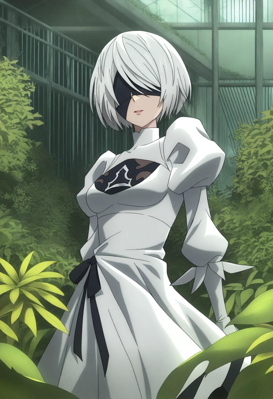 <lora:2B (YoRHa 2-gou B-gata) - [NieR - Automata Ver1.1a] - illustriousXL v1:1>, sysdeep_2b, style parody, white hair, blindfold,blue eyes , solo, Abandoned greenhouse, loose dress, surrounded by wild plants