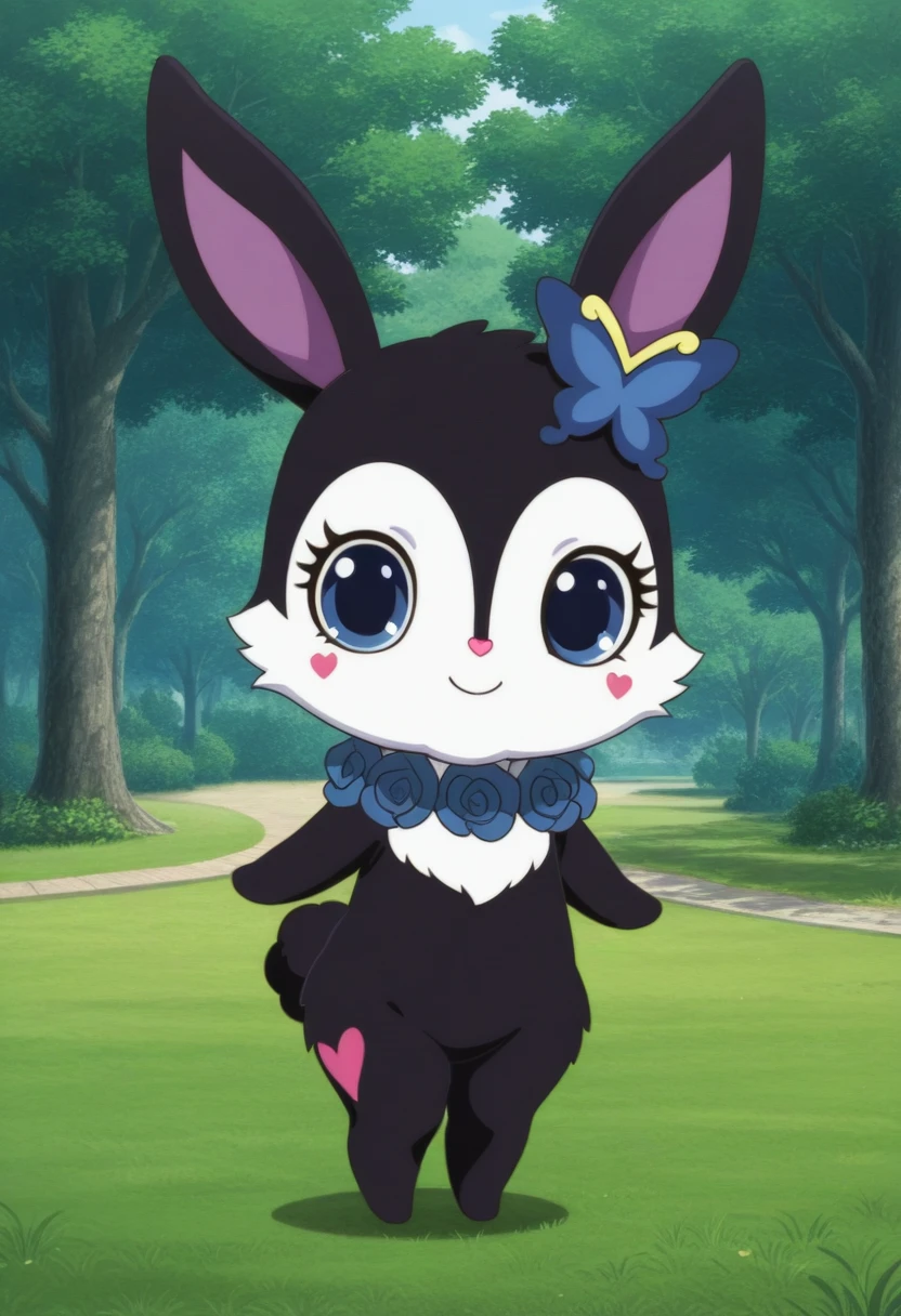 best quality, masterpiece, luea, feral, solo, blue eyes, rabbit, furry, rabbit ears, black fur, purple inner ear, white chest fur, white face, chibi, body fur, (blue butterfly hair ornament), (blue rose necklace), 1girl, looking at viewer, park, grass, trees, happy 