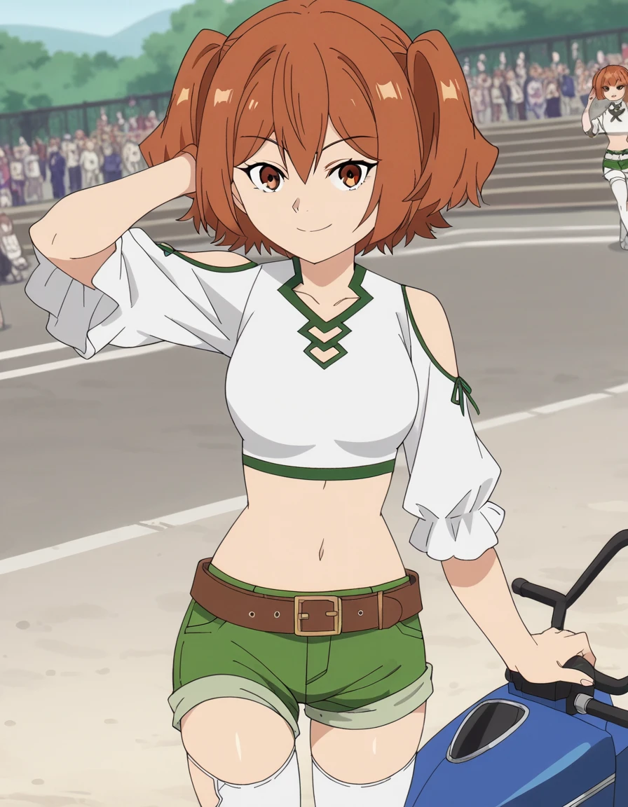 score_9, score_8_up, score_7_up, source_anime, <lora:kanne-s1-ponyxl-lora-nochekaiser:1>, kanne, short hair, brown hair, twintails, brown eyes, medium breasts, anime screencap, shirt, thighhighs, navel, bare shoulders, white shirt, short sleeves, midriff, belt, white thighhighs, crop top, short shorts, clothing cutout, shoulder cutout, green shorts,, amusement park, rides, crowds, fun, colorful, smile, hand behind head, , looking at viewer, solo,, dutch angle, cowboy shot