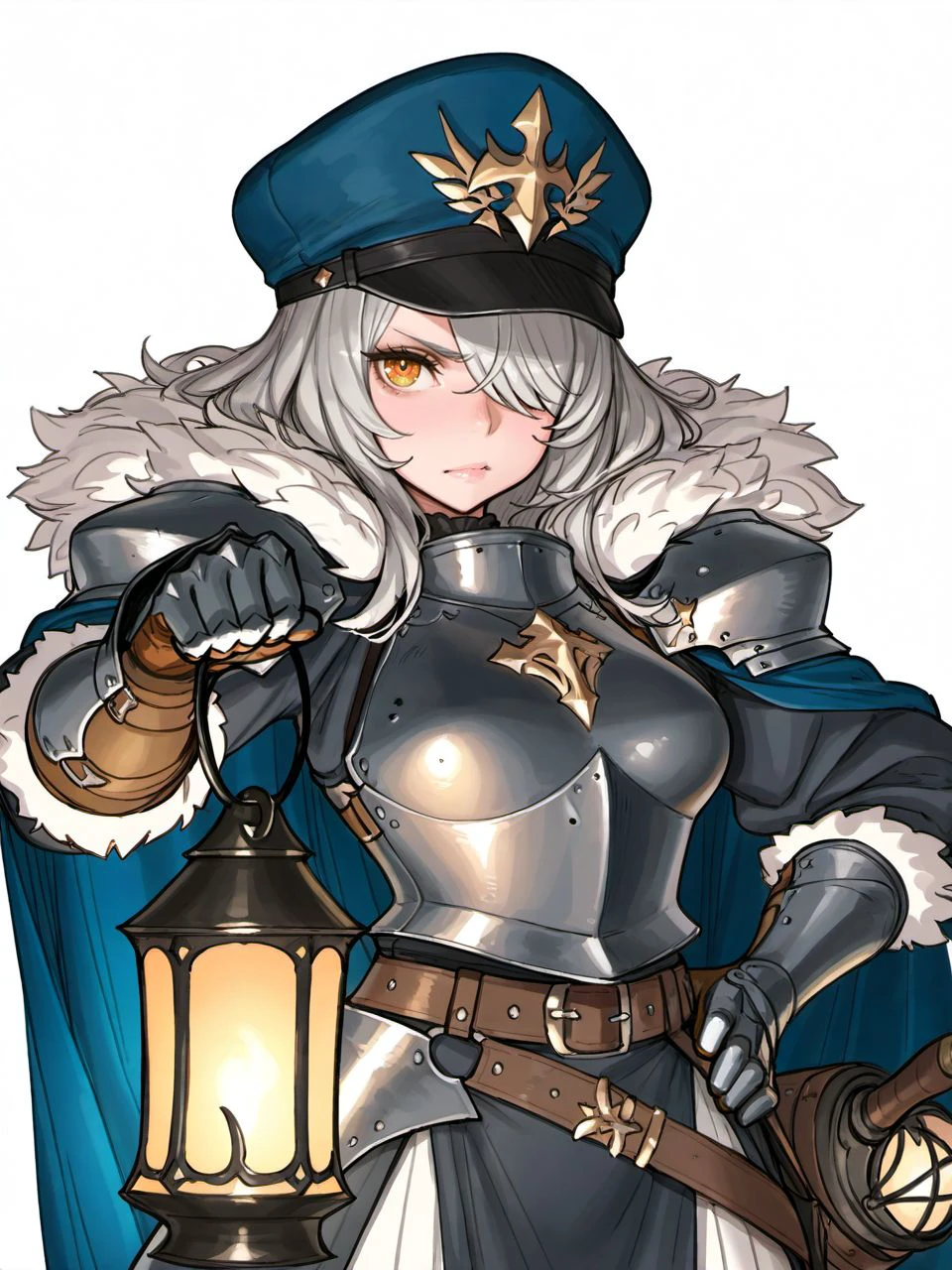 masterpiece, best quality, amazing quality, very aesthetic, high resolution, sketch,
kdmstyle, 1girl, solo, long hair, simple background, gloves, hat, white background, holding, closed mouth, yellow eyes, upper body, weapon, grey hair, belt, cape, armor, hair over one eye, orange eyes, fur trim, shoulder armor, gauntlets, blue headwear, lantern, breastplate, blue cape, holding lantern, 
<lora:KDM_Card_Art_Style_v4_epoch_7:0.9>,