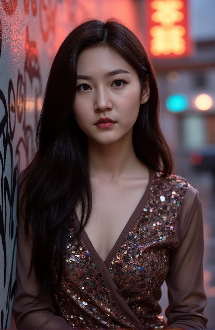 <lora:fluxx-saeron:1> $@e, In a dark, neo-noir urban landscape under the harsh glare of a rain-slicked neon sign, a woman with cascading, raven-black hair and intense brown eyes, her full lips parted in a sultry smile that reveals a single silver tooth piercing, wears an avant-garde, shimmering dress adorned with intricate, iridescent patterns. Her long, flowing hair spills across one shoulder as she stands on a rain-soaked sidewalk, leaning against the cold steel of a graffiti-covered alleyway wall. The camera captures her from an oblique angle, casting her in stark relief against the gritty background, her gaze locked with the viewer's in a defiant and mysterious invitation to join her in the shadowy heart of the city.