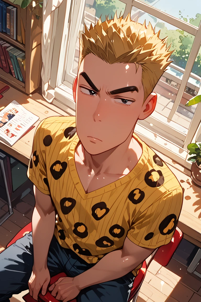 score_9, score_8_up, score_7_up, source_anime, rating_explicit, realistic shading, natural lighting, male focus, looking away, expressive face, yasuocsc, blonde_yasuocsc_male hair, black_yasuocsc_eyes, 1boy, serious, shiny skin, pectoral cleavage, sitting on stool, shirt, indoors, window, from above, dutch angle, dynamic angle, intricately detailed illustration, depth of field, masterpiece, best quality, amazing quality, very aesthetic, absurdres, newest, anime screencap