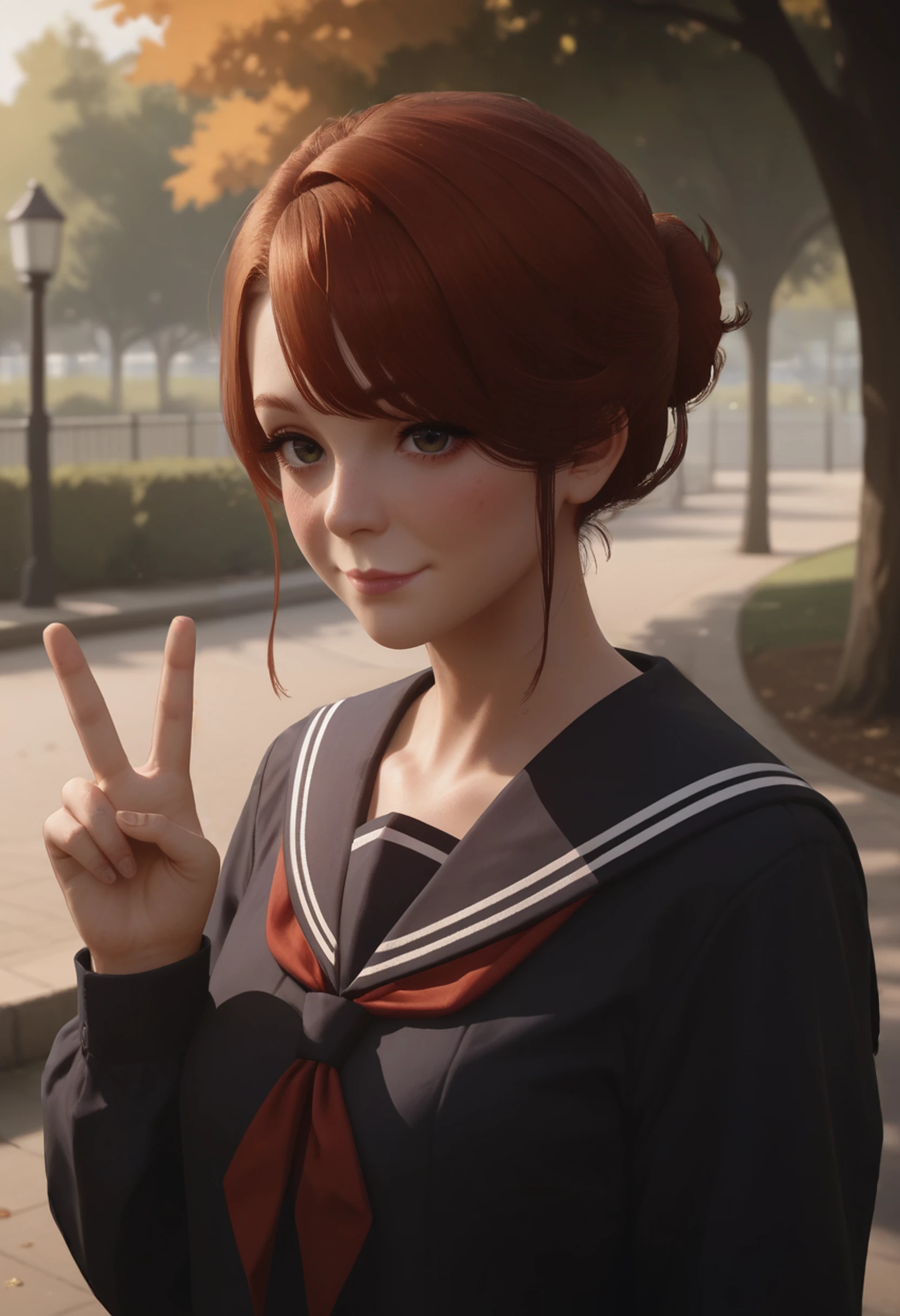 score_9, score_8_up, score_7_up, score_6_up, score_5_up, score_4_up, 1girl, <lora:DianaBurnwoodF:0.85> dianaf, red hair, hair bun, single hair bun, upper body, breasts, smile, blush, wearing seifuku, sailor's outfit, v sign, looking at viewer, solo, 
outdoors, park,