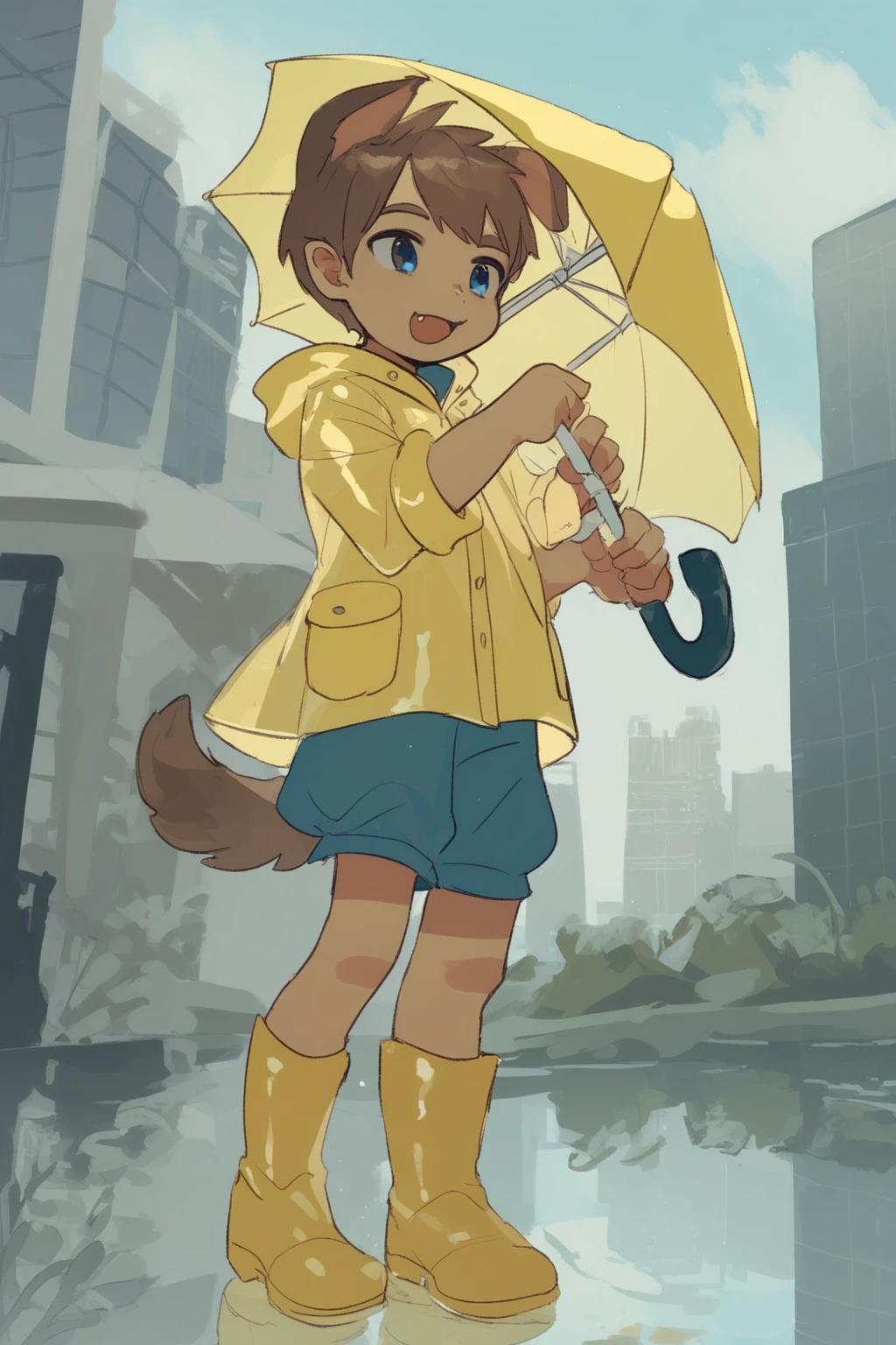 score_9, score_8_up, score_7_up, suikaelsiStyle, 1boy, after rain, animal ears, blue eyes, blue shorts, boots, brown hair, child, cityscape, coat, dog ears, dog tail, fang, grey sky, holding, holding umbrella, hood, hooded coat, open mouth, outdoors, puddle, raincoat, reflection, rubber boots, short hair, shorts, sky, sleeves rolled up, smile, solo, standing, tail, umbrella, vanishing point, yellow coat, yellow footwear