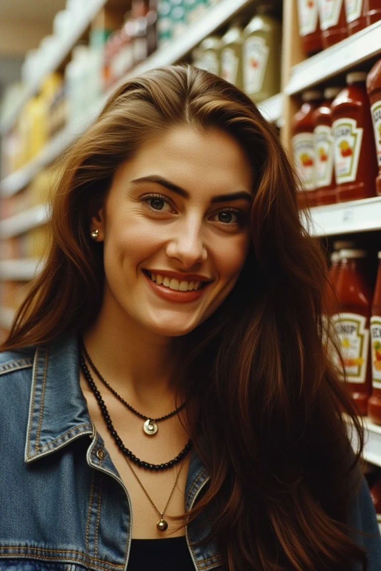 analog film shot of madchenflx. A close-up shot of a woman with long brown hair is smiling. She is wearing a blue jean jacket and a black chain around her neck. The background is blurred, but you can see a shelf of ketchup bottles on the right side of the image.