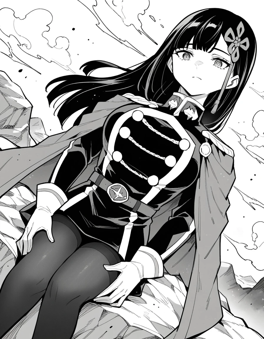 score_9, score_8_up, score_7_up, source_anime, <lora:ren-yamashiro-manga-ponyxl-lora-nochekaiser:1>, ren yamashiro, long hair, bangs, hair ornament, monochrome, greyscale,, gloves, jacket, pantyhose, white gloves, cape, uniform, black pantyhose, military, military uniform, epaulettes, red cape, large breasts,, volcano, lava, rock, fire, smoke, , hands on own knees, looking at viewer, solo,, dutch angle, cowboy shot