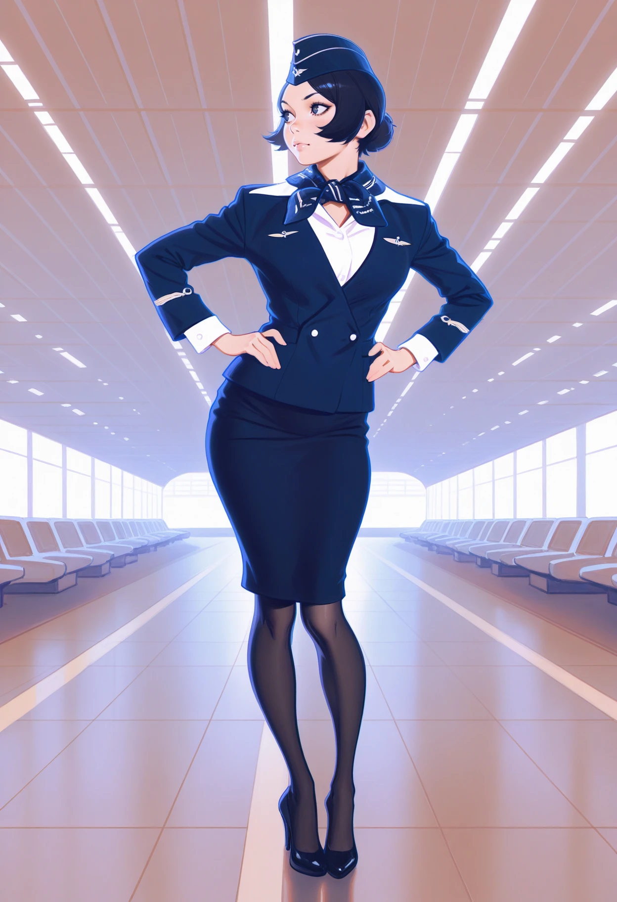 ilya kuvshinov,  1girl, solo,  cowboy shot, blue clothing, <lora:Outfit_Soph-Aeroflot-ILXL42:0.9> st3w4rd3ss, blue jacket, formal, white shirt, garrison cap, blue pencil skirt, black pantyhose, high heels, standing, background airport, hands on hips, sleeve cuffs, masterpiece, best quality, very aesthetic, newest