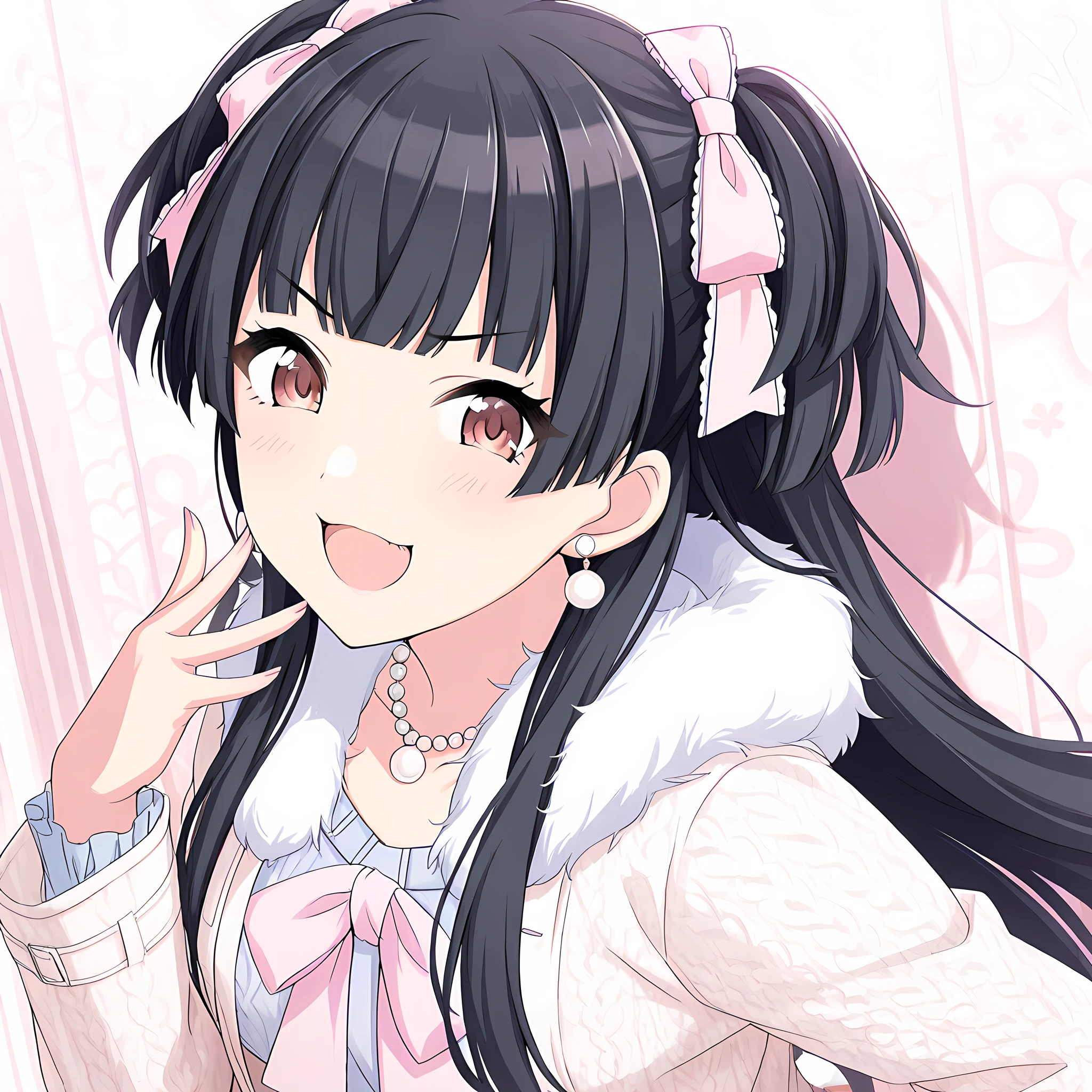 mayuzumi_fuyuko, 1girl, solo, jewelry, black hair, fur trim, earrings, long hair, necklace, open mouth, looking at viewer, bow, bangs, pearl necklace, brown eyes, open clothes, two side up, blush, hair bow, smile, coat, long sleeves, v-shaped eyebrows, upper body, wintercasual<lora:MayuzumiFuyukoIllustXL:1>, (masterpiece),(best quality),(ultra-detailed),(best illustration),(best shadow),(absurdres),(detailed background),(very aesthetic),