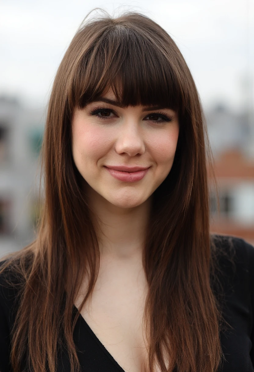 the image is a high-quality professional  close-up photograph of beautiful clairesinclair with bangs. .She is looking directly at the viewer and smiling. The background is rooftop. This photo is a headshot 