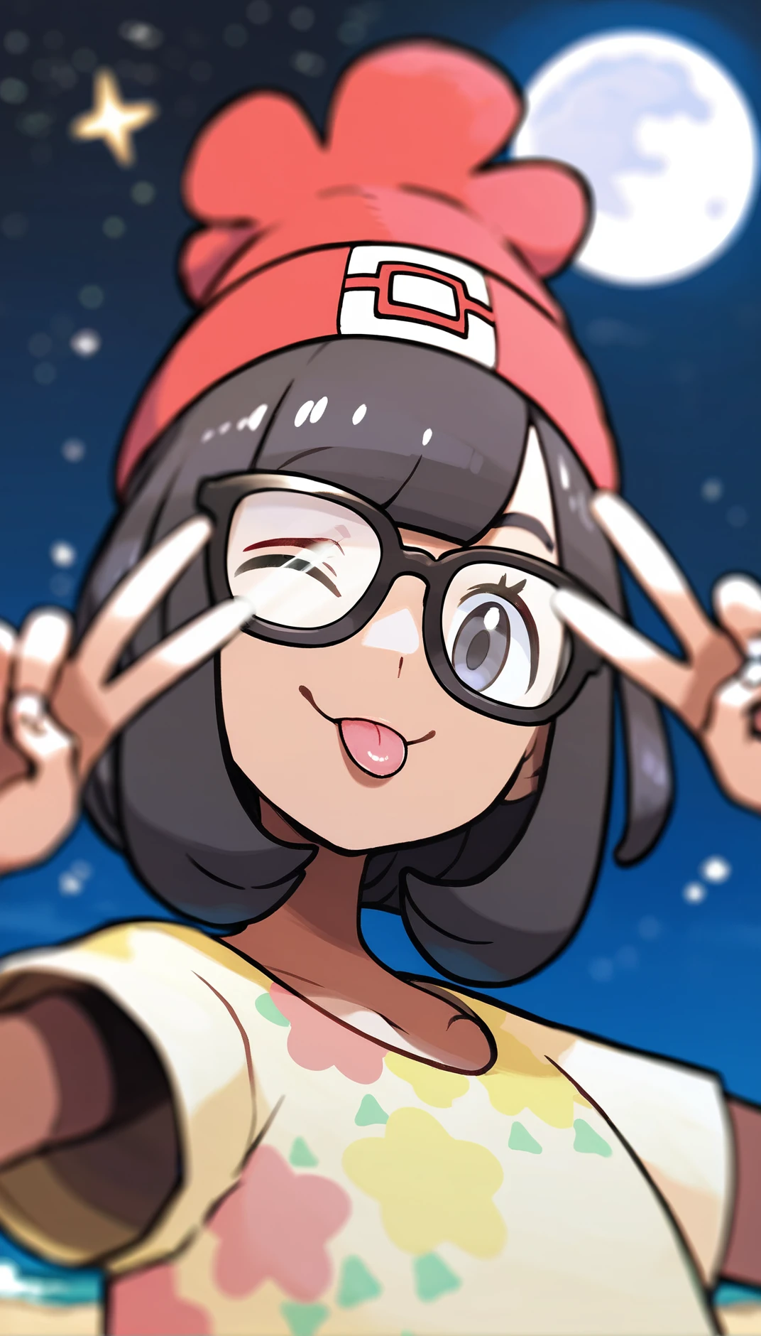 score_9,score_8_up,score_7_up,
<lora:selene:1>,eneles,
1girl,solo,
black hair,short hair,bangs,
grey eyes,looking at viewer,one eye closed,yummy smile,tongue, closed mouth, 
black glasses,
red beanie,yellow short sleeves shirt,
portrait,v pose in front of eyes,
blurry background,vignetting,outdoors,beach,night,starry sky,full moon,shooting star,light particles,