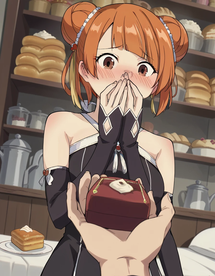 score_9, score_8_up, score_7_up, source_anime, <lora:laufen-s1-ponyxl-lora-nochekaiser:1>, laufen, hair bun, double bun, orange hair, brown eyes, hair ornament, medium breasts, anime screencap, dress, bare shoulders, black dress, halterneck, elbow gloves,, bakery, bread, pastries, sweets,, , <lora:ring-box-ponyxl-lora-nochekaiser:1>, ring box, holding box, pov, pov hands,, blush, covering mouth, embarrassed, blush, bed room,, looking down, cowboy shot,, looking at viewer, solo,, dutch angle, cowboy shot