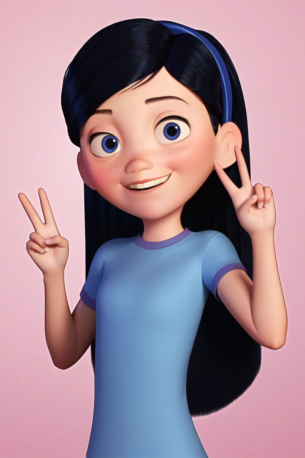 Violet Parr,1girl,solo,black hair,long hair,blue eyes,hairband,blue t shirt,smile,female child,peace sign,smile