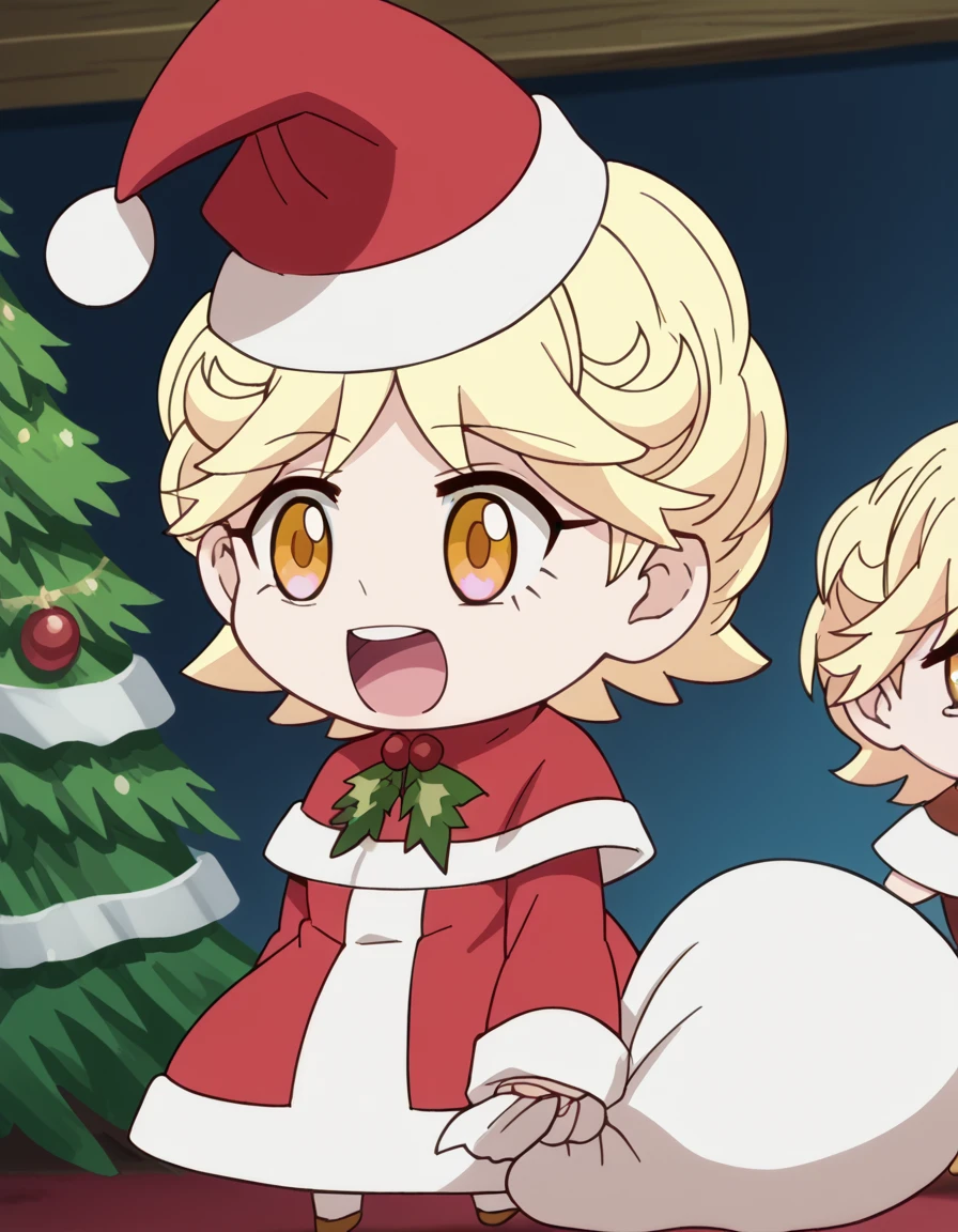 score_9, score_8_up, score_7_up, source_anime, <lora:michiru-inukai-s1-ponyxl-lora-nochekaiser:1>, michiru inukai, short hair, blonde hair, yellow eyes, anime screencap, <lora:padoru-ponyxl-lora-nochekaiser:1>, padoru, padoru (meme), holding sack, sack, santa hat, meme, christmas, open mouth, chibi, red capelet, santa dress, capelet, fur-trimmed headwear,, , dutch angle, cowboy shot