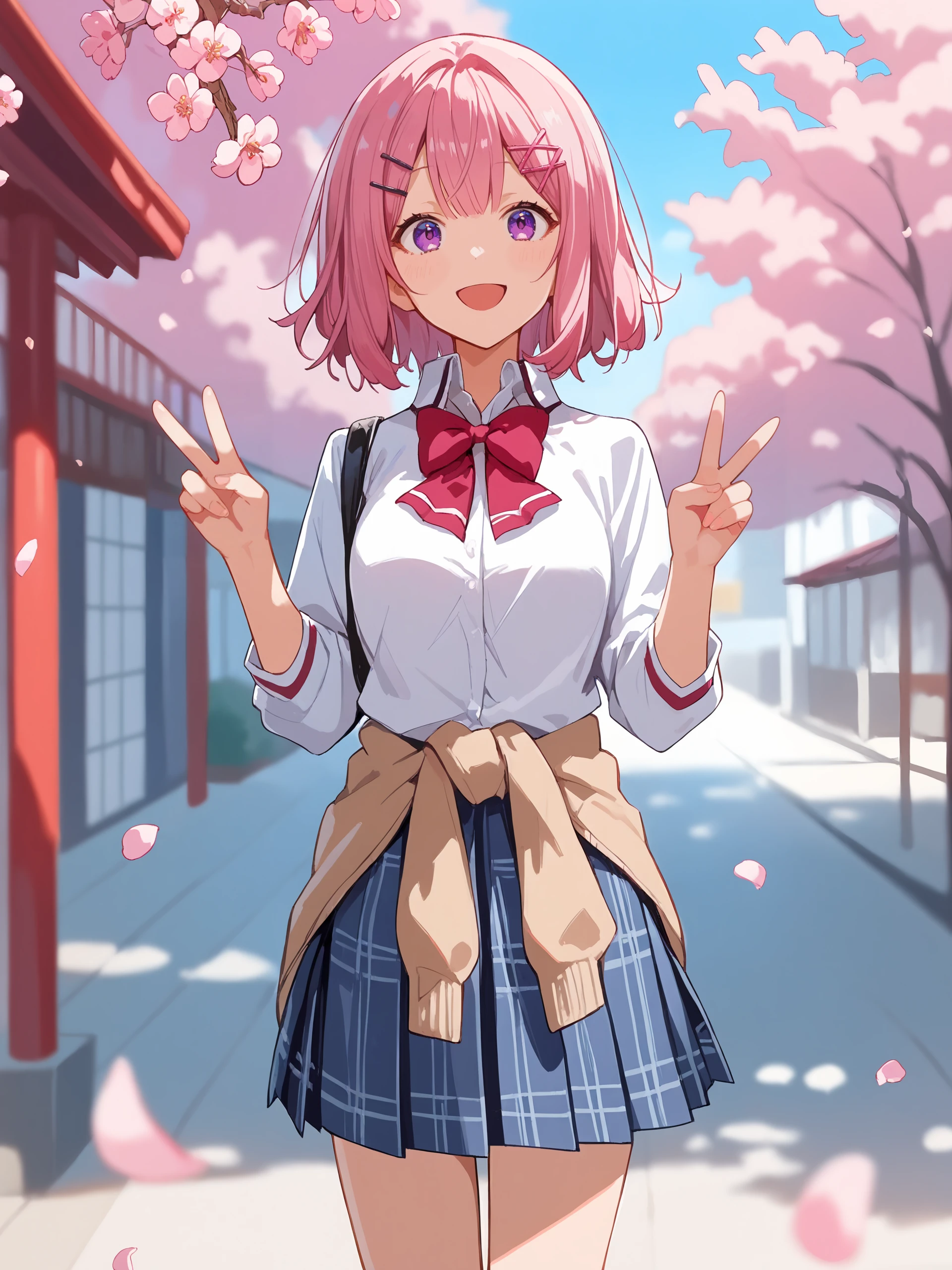 1girl, amaori renako, solo, purple eyes, hairclip, school uniform, pleated skirt, plaid skirt, white collared shirt, red bowtie, clothes around waist, double v, looking at viewer, smile, open mouth, standing, cowboy shot, outdoors, street, cherry blossoms, petals, depth of field score_9, score_8_up, score_7_up, source_anime <lora:Char-Amaori_Renako-V1-pony:0.9>