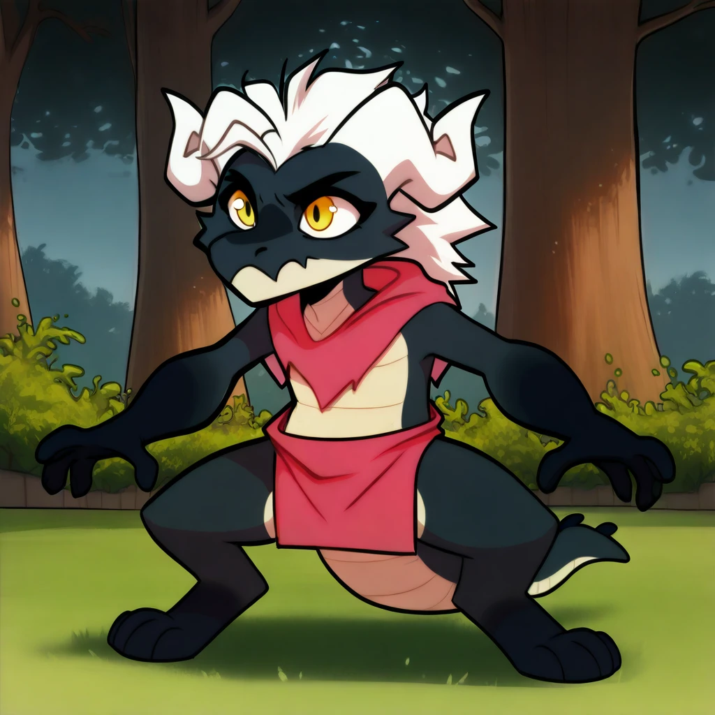 (masterpiece, best quality, absurdres),
mikus-concept, caveman, defensive pose standing alert, full body, arms shoulder width apart, slightly crouched, leaning forward, furry, dragon, black fur, white hair, white horns, yellow eyes, park, park background