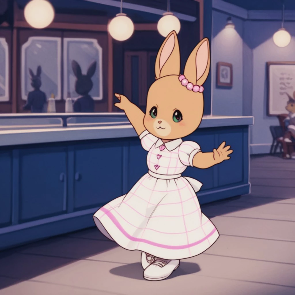 score_9, score_8_up, score_7_up, score_6_up, score_5_up, score_4_up, source_furry, PattyRabbit, anthro, female, rabbit, tan fur, white pinstripe dress, puffy short sleeves, collared dress, white shoes, beaded ear ornament, inside, dancing