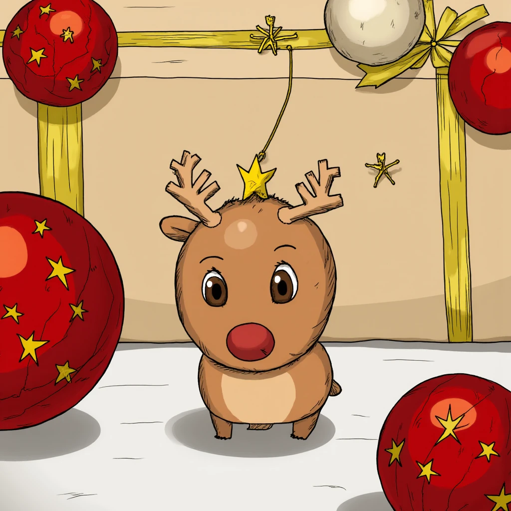 A detailed painting in the leaveastory_style depicting a festive Christmas scene. The central focus is a small, adorable reindeer ornament hanging from a golden string. The reindeer has a soft, beige fur coat, large, expressive brown eyes, and a small red nose. It wears a golden crown adorned with antlers, giving it a regal appearance. The ornament is made from a shiny, red material with gold star patterns, resembling a cracked surface, adding a touch of realism.

Surrounding the reindeer are various Christmas decorations. To the left, there is a large red Christmas bauble with a golden star pattern, reflecting light and adding a sense of depth. To the right, there are two more red baubles, one with a gold star and the other with a shiny, reflective surface. The background features a neatly wrapped gift box in a light brown paper with gold ribbon, adding to the festive atmosphere. The texture of the paper is smooth and glossy, contrasting with the softness of the reindeer's fur.

