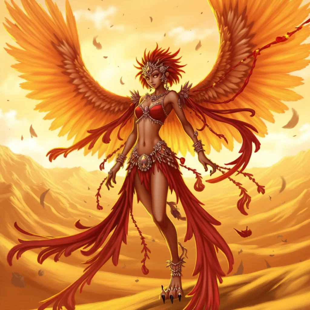 Ultra detailed textures, dark fantasy style, dark style anime, harx, harpy creature, half woman, half bird, desert harpy, adorned with flowing scarves and beaded ornaments, wings stretched wide against a backdrop of golden dunes, harsh sunlight casting sharp shadows, heat waves shimmering in the distance, wide-angle landscape, vibrant warm tones, windswept and majestic