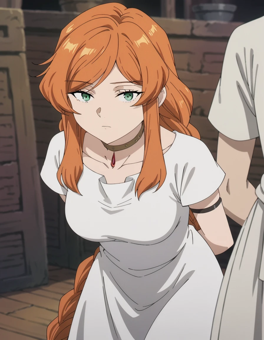 score_9, score_8_up, score_7_up, source_anime, <lora:flamme-s1-ponyxl-lora-nochekaiser:1>, flamme, long hair, green eyes, swept bangs, braid, orange hair, single braid, braided ponytail, medium breasts, anime screencap, dress, collarbone, choker, white dress, short sleeves,, bowling alley, lanes, pins, balls, fun, , hands behind back, bent over,, looking at viewer, solo,, dutch angle, cowboy shot