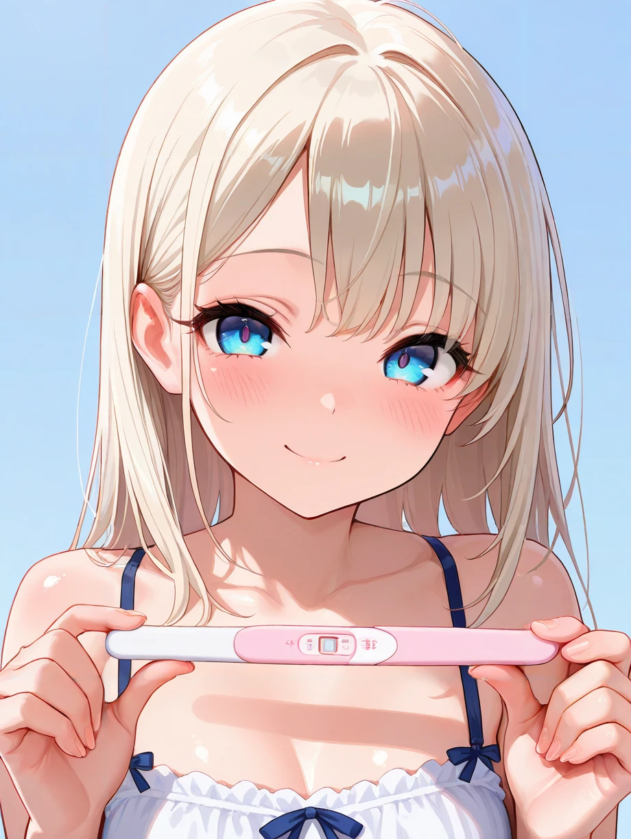 masterpiece,amazing quality,best quality,ultra-detailed,8K,illustration,CG,shiny hair,clear skin,ultra-detailed-eyes,simple background,cute girl, eyelashes <lora:Pregnancy test_illustrious_V1.0:0.8> pregnancy test, holding, smile, blush