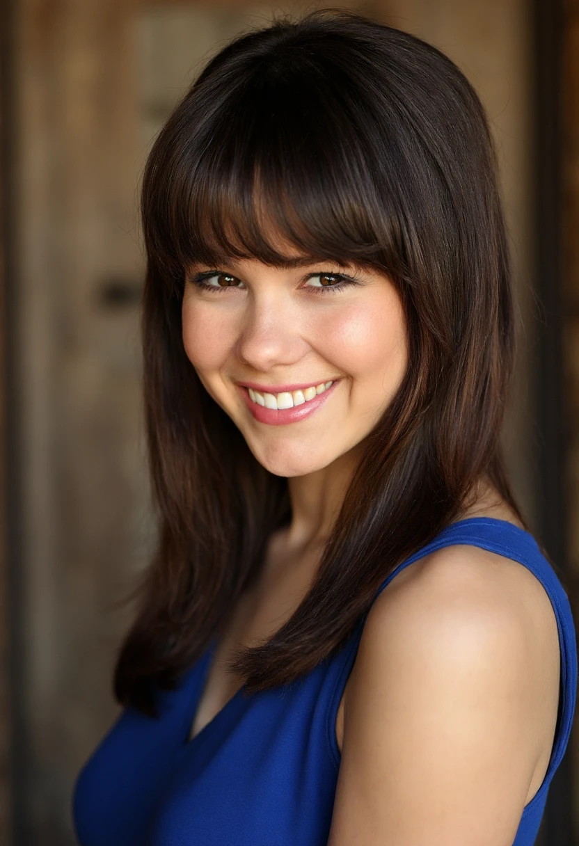 the image is a high-quality professional  close-up photograph of beautiful clairesinclair with bangs. .She is looking directly at the viewer and smiling. The background is arena. This photo is a headshot 