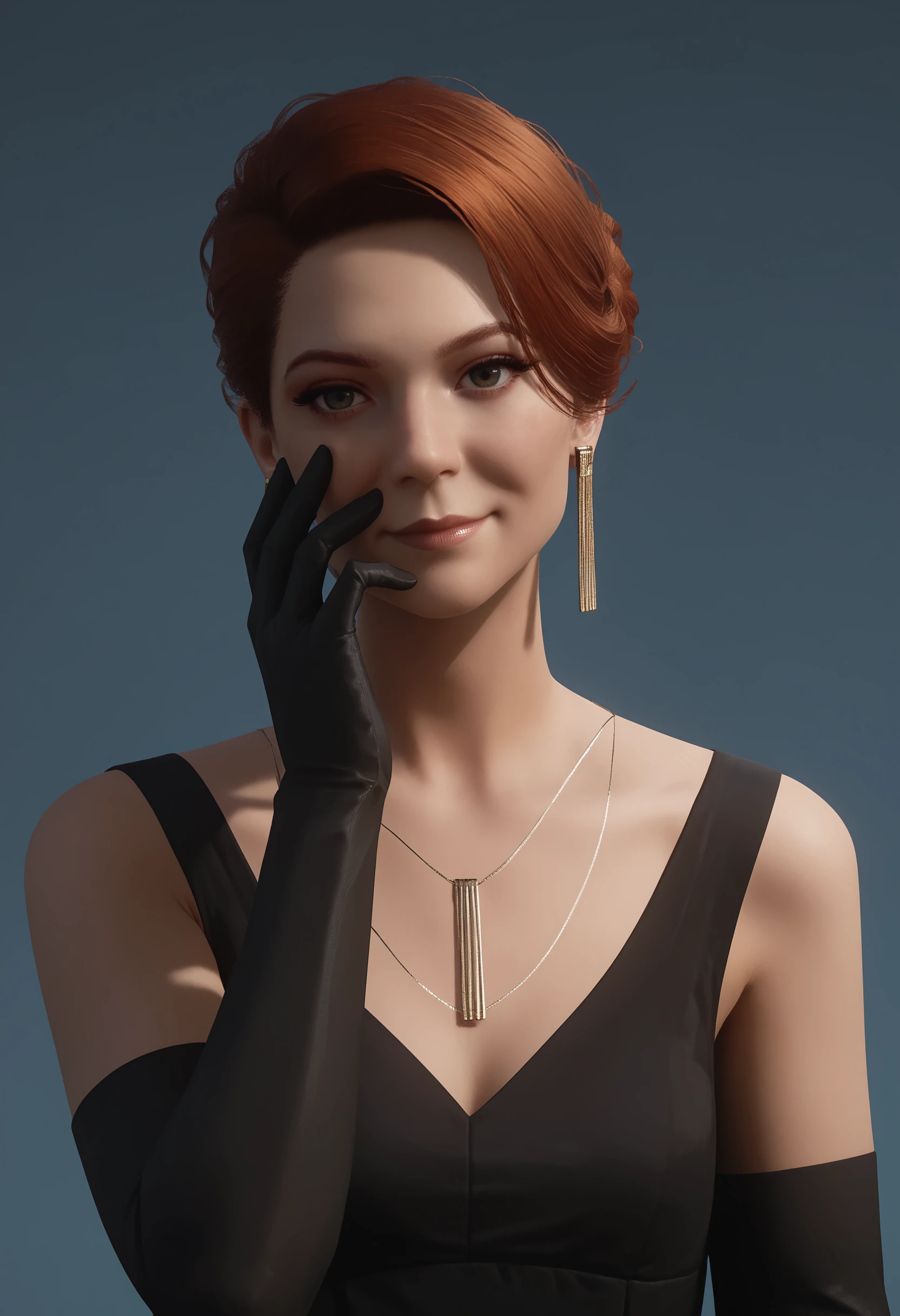 score_9, score_8_up, score_7_up, score_6_up, score_5_up, score_4_up, 1girl, <lora:DianaBurnwoodF:0.85> dianaf, red hair, hair bun, single hair bun, breasts, jewelry, earrings, necklace, elbow gloves, black dress, dress, upper body, standing, front view, looking at viewer, front view, hand on face, smile,
light blue background, simple background,