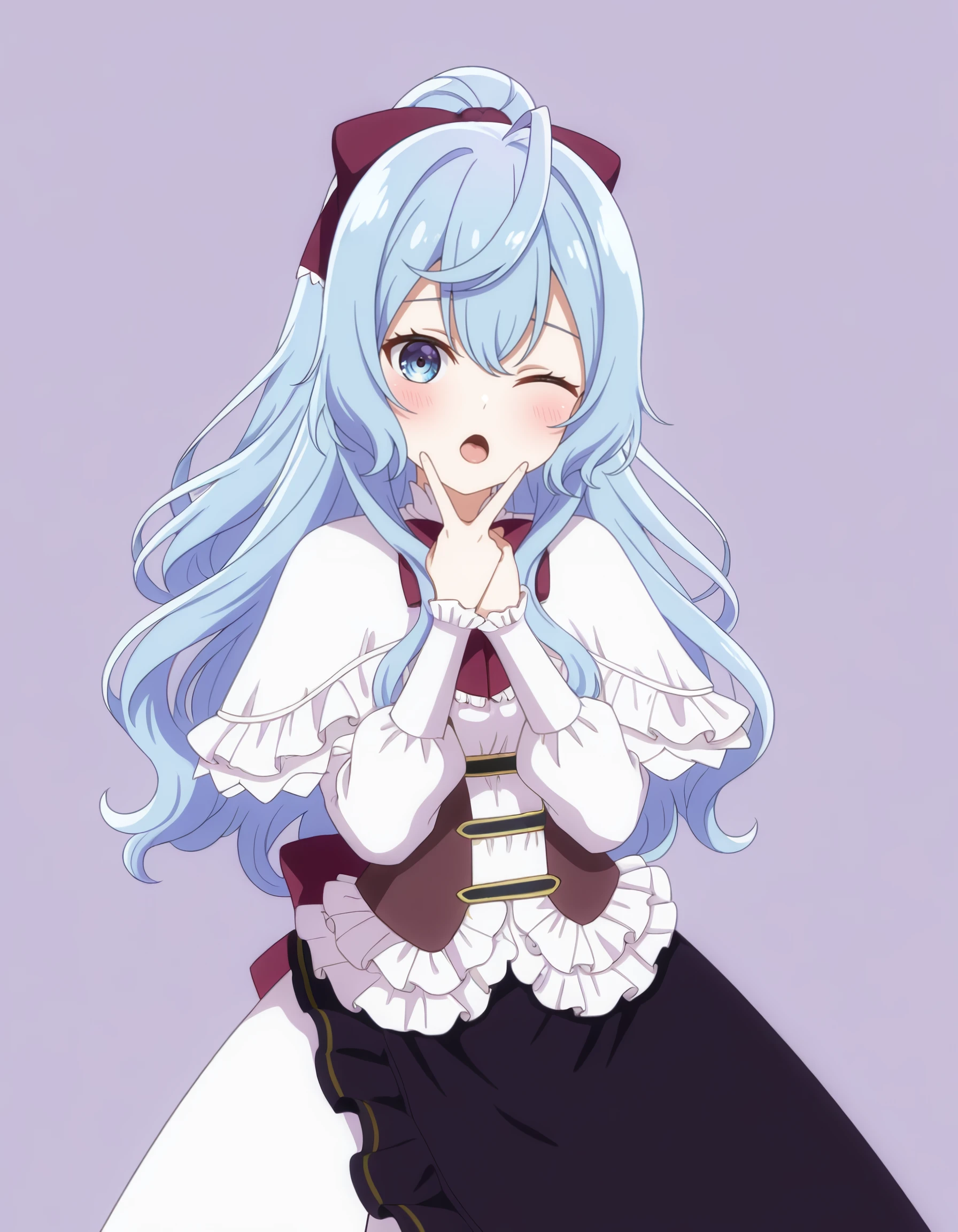 masterpiece, best quality, amazing quality,  liselotte_cretia, long_hair, hair_between_eyes, blue_hair, ponytail, purple_bow, hair_bow, blue_eyes, white_shirt, long_sleeves, white_dress, frills, black_skirt, red_bowtie, white_capelet, frilled_capelet, <lora:seirei_gensouki_-_liselotte_cretia_il:1>, by_tonbofree, small_breasts, ahoge, blush, one_eye_closed, v, 1girl, hands_up, tongue, looking_at_viewer, open_mouth, twin_drills, double-parted_bangs, v_over_mouth, solo, breasts, purple_background, simple_background, canyon