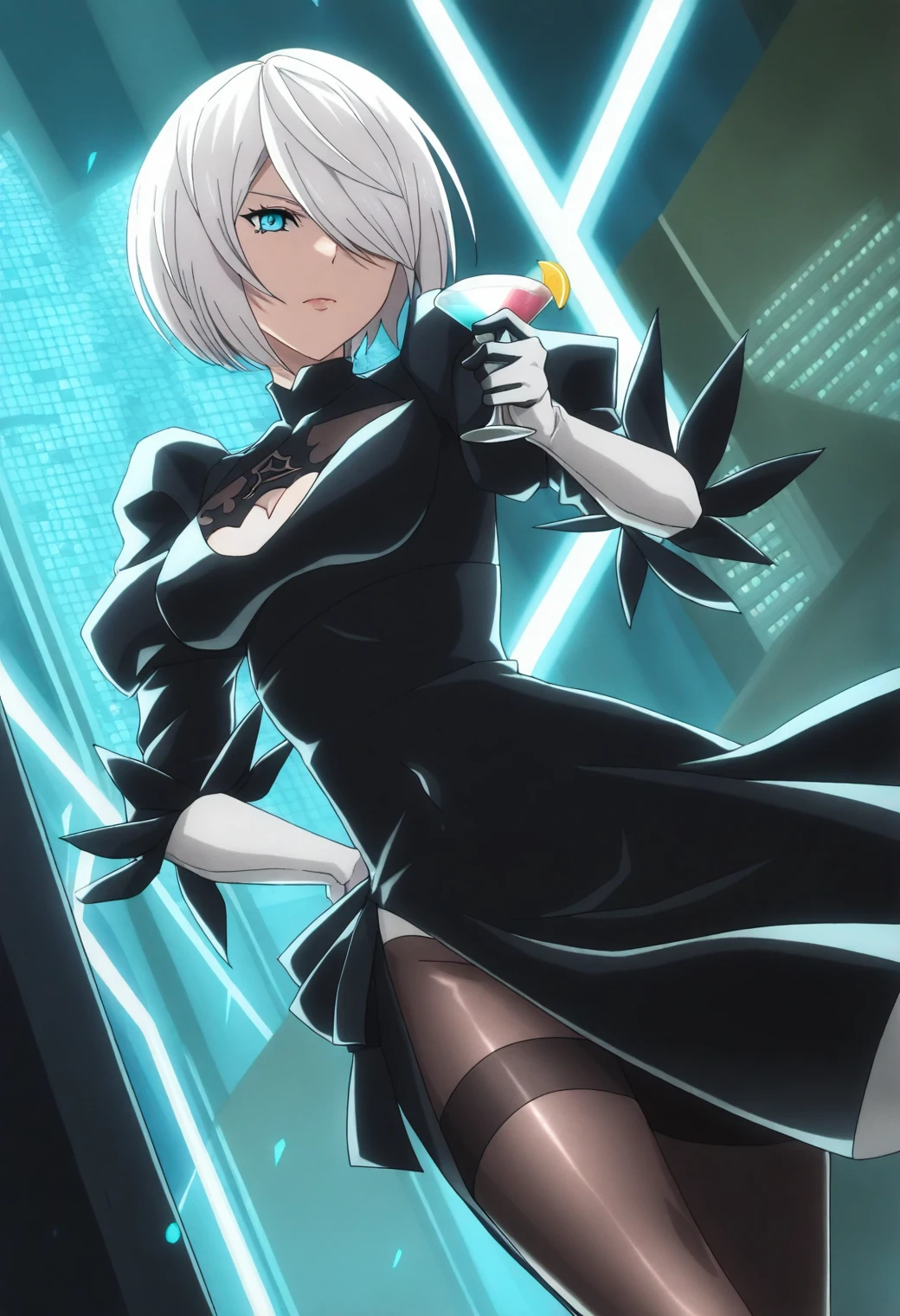 <lora:2B (YoRHa 2-gou B-gata) - [NieR - Automata Ver1.1a] - illustriousXL v1:1>, sysdeep_2b, style parody, white hair, blue eyes, solo, Neon-lit club, tight dress, holding a cocktail, confident stance